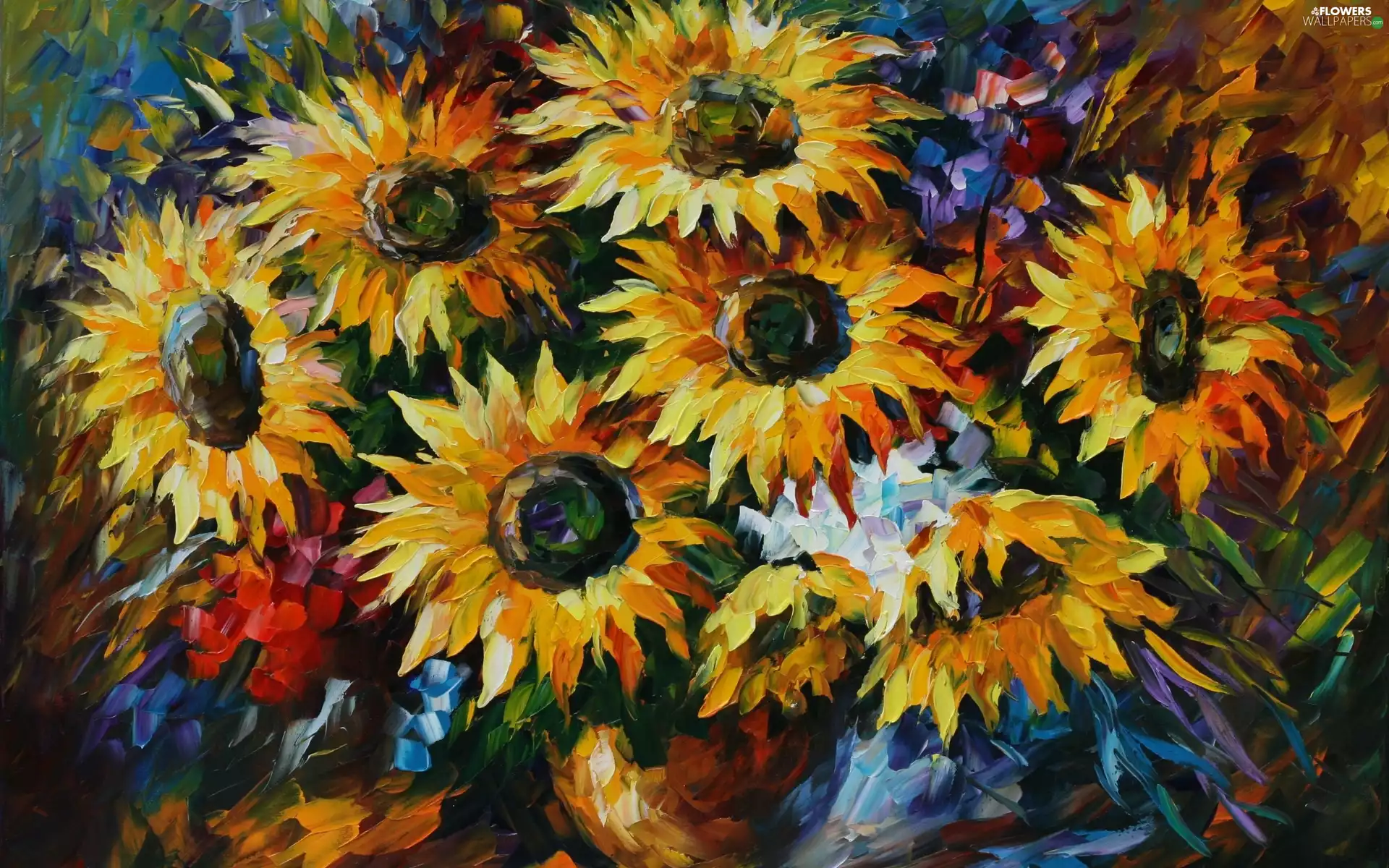 Leonid Afremov, picture, oil, Nice sunflowers