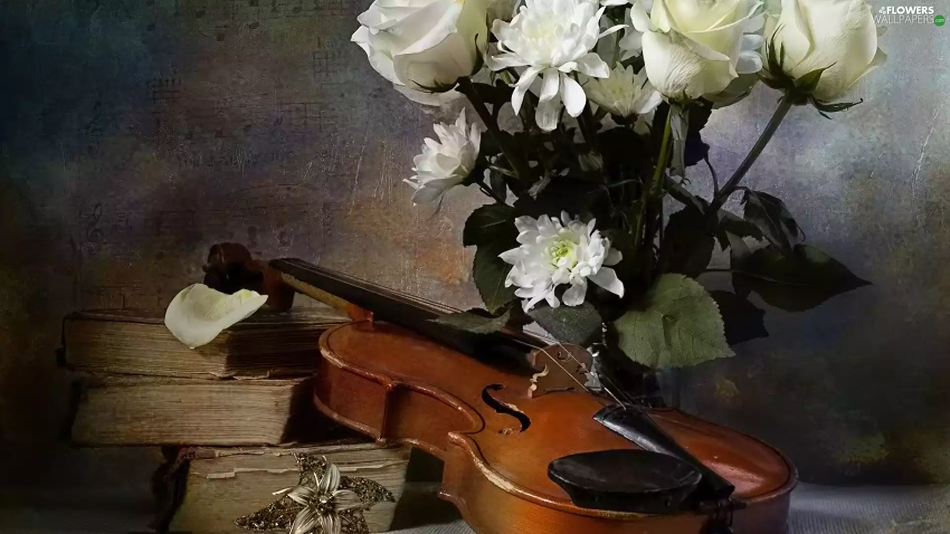 old, Books, flowers, violin, bouquet