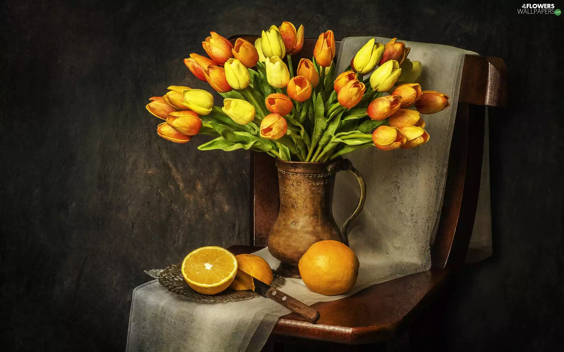 Tulips, Flowers, Chair, orange, jug, bouquet