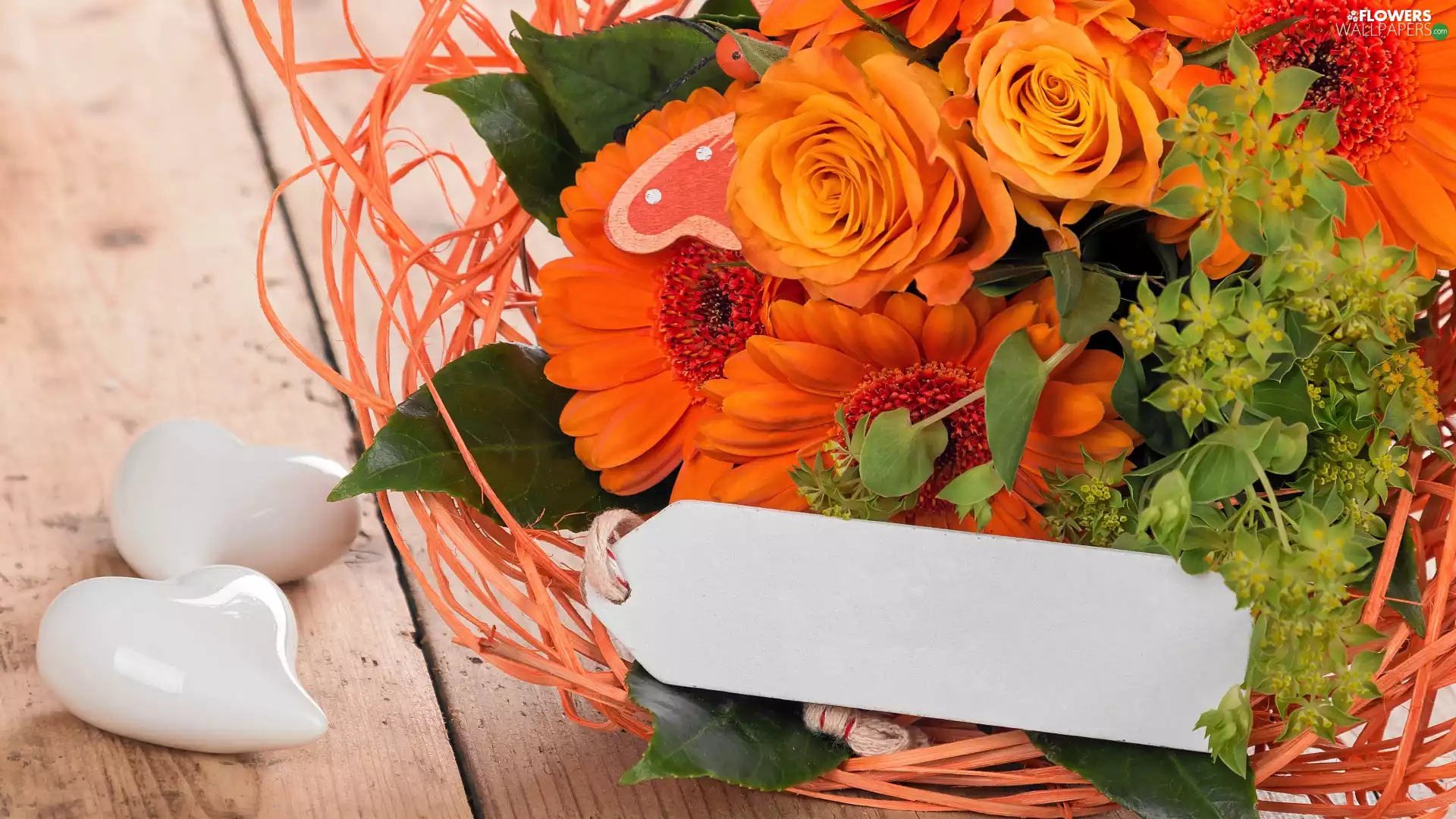 hearts, Orange, Bouquet of Flowers