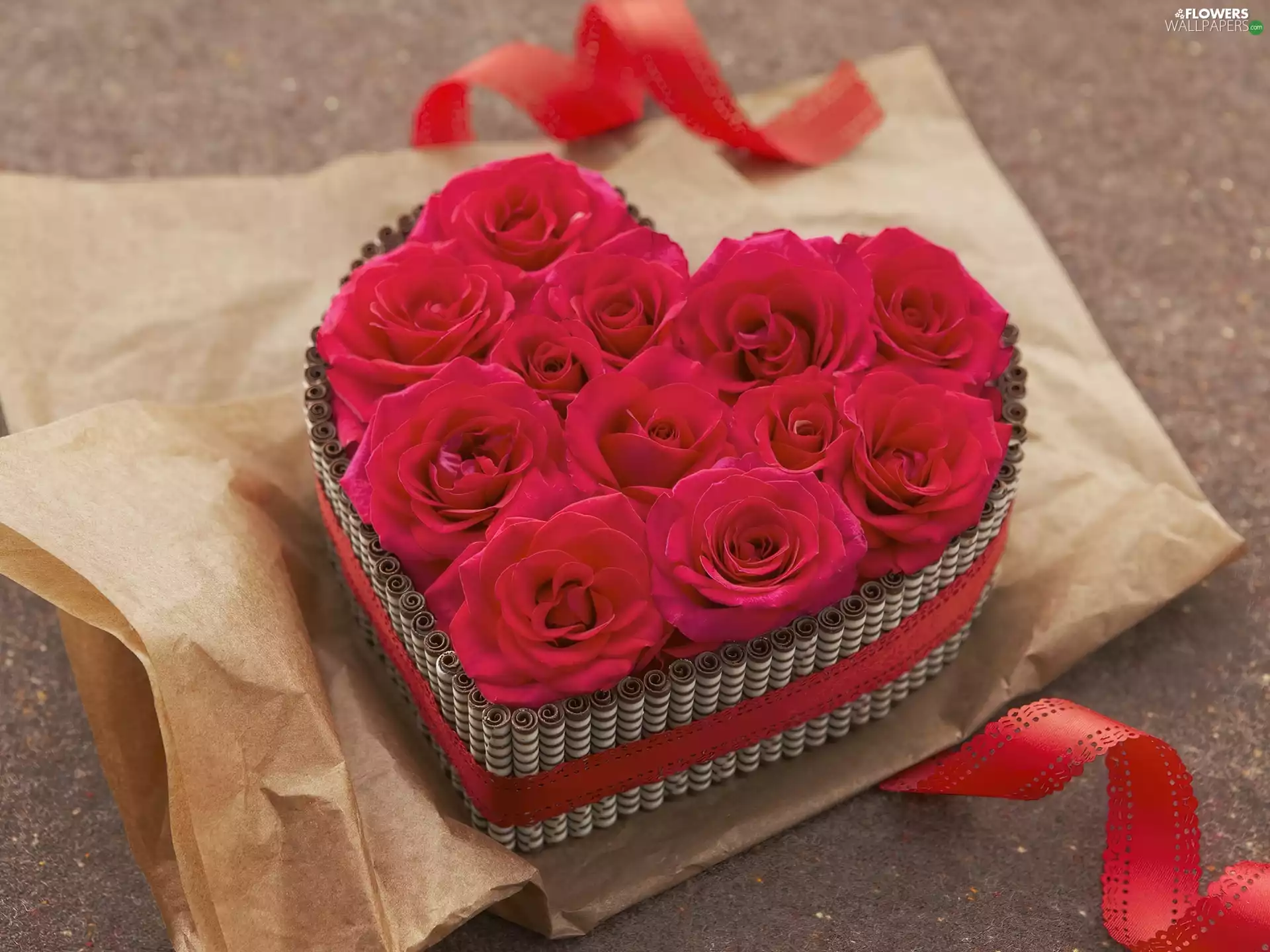 package, ribbon, Red, roses, Heart