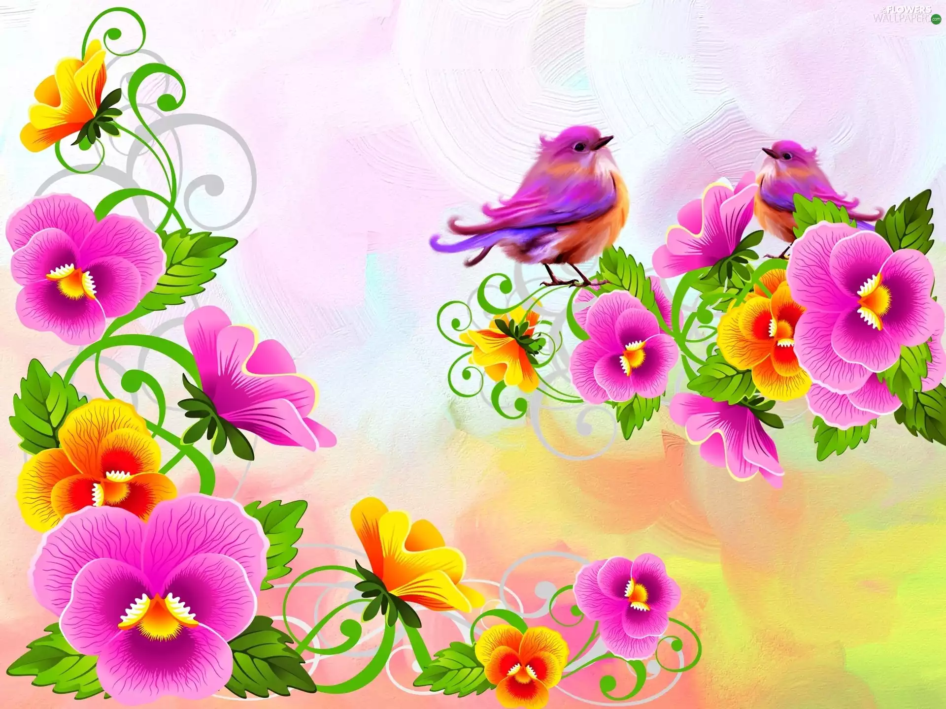 Flowers, Bird, Drawing, pansies