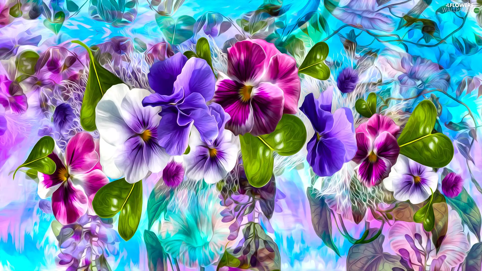 Flowers, leaves, graphics, pansies