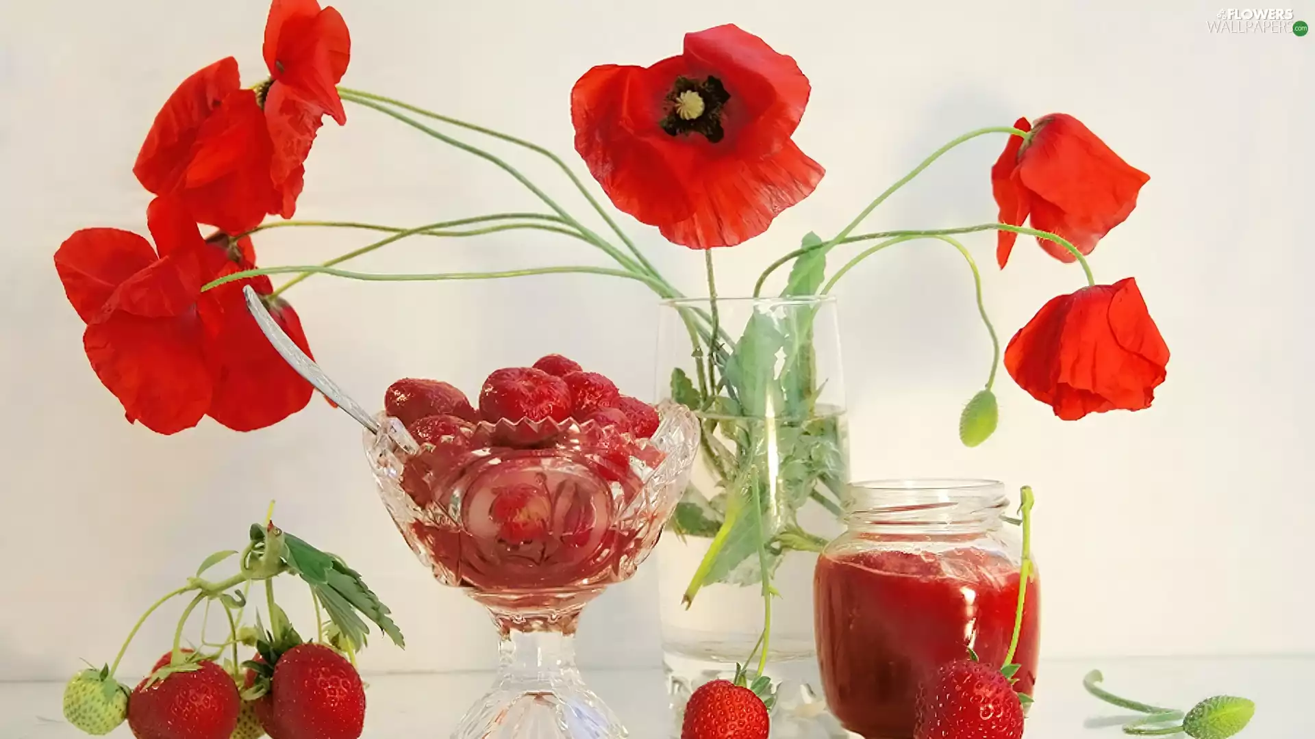 Red, strawberries, Jam, papavers