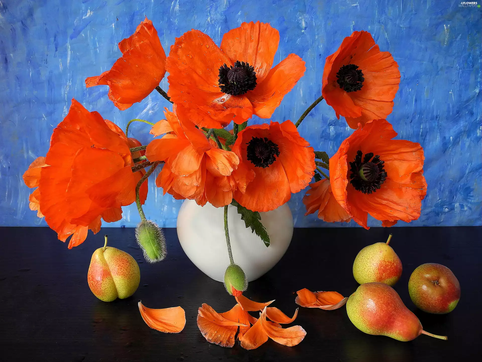 Vase, papavers, truck concrete mixer