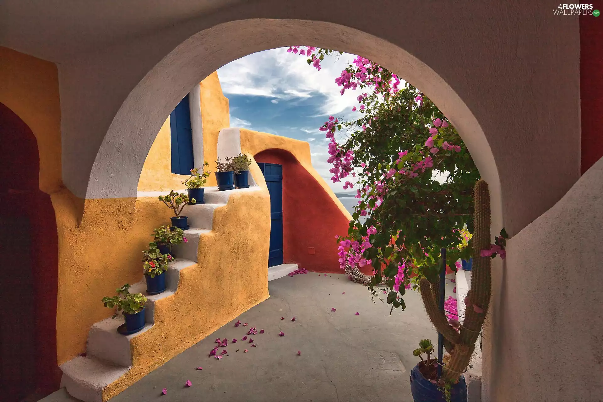 house, Stairs, Bougainvillea, patio
