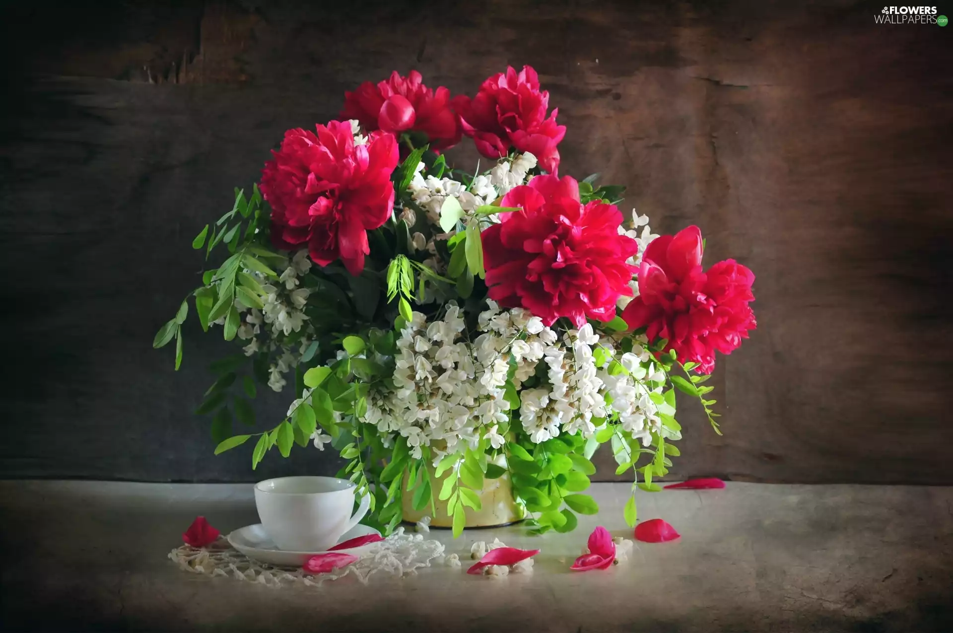 bouquet, acacia, cup, Peonies