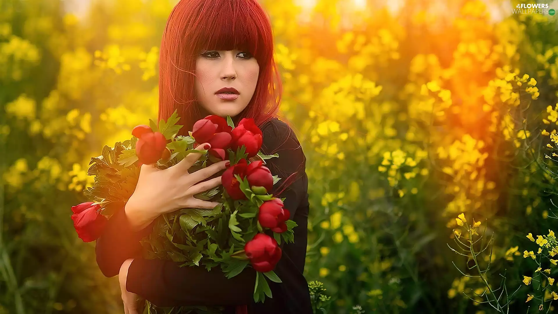 Hair, Women, bouquet, Peonies, Flowers, red head