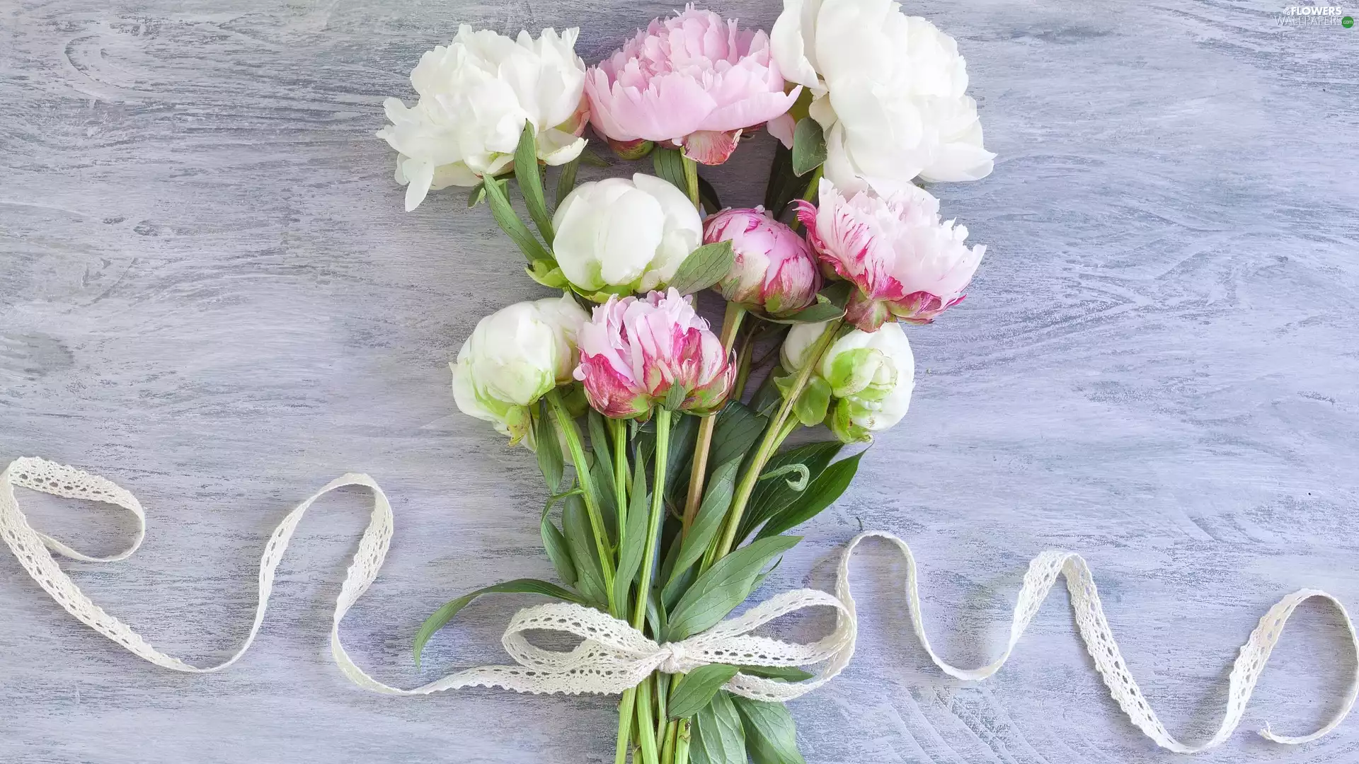 Flowers, bunch, ribbon, Peonies