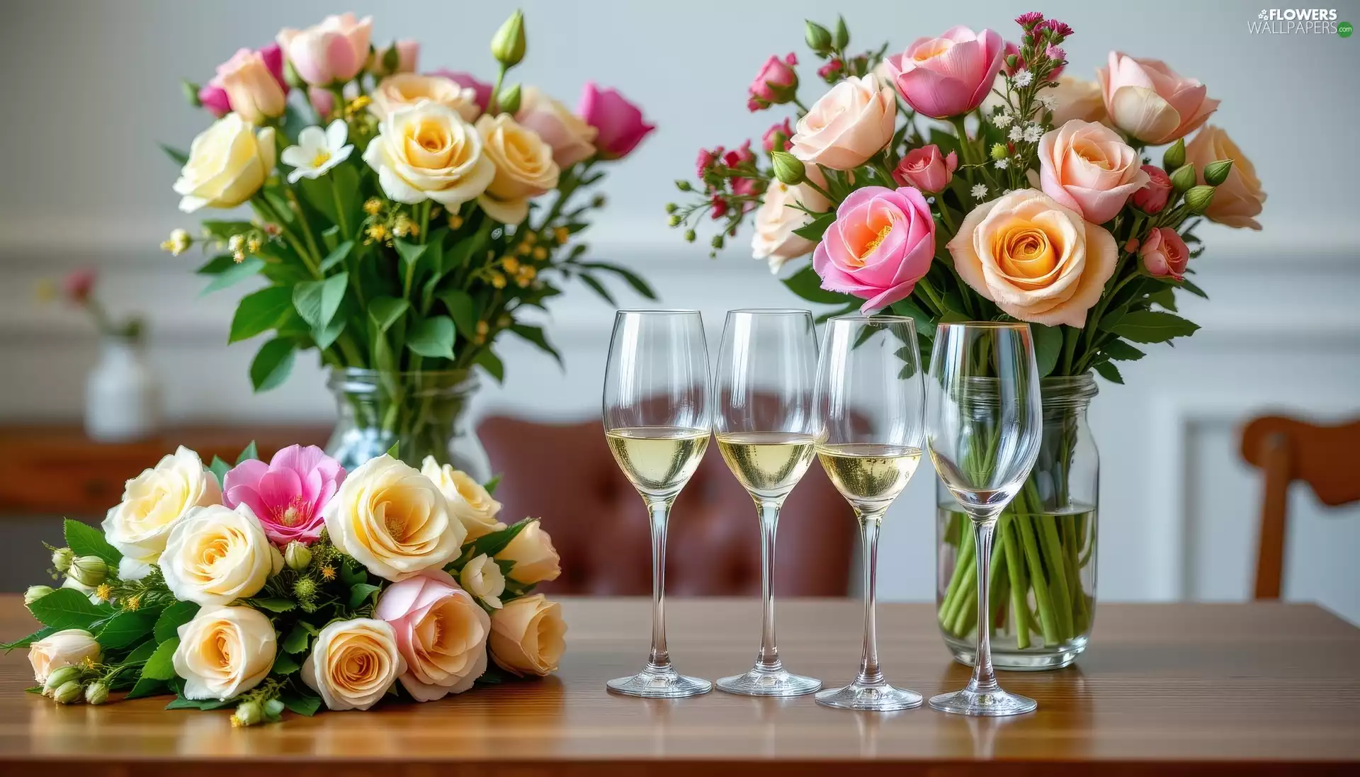 Bouquets, Flowers, Table, roses, vases, Wine, glasses, Peonies