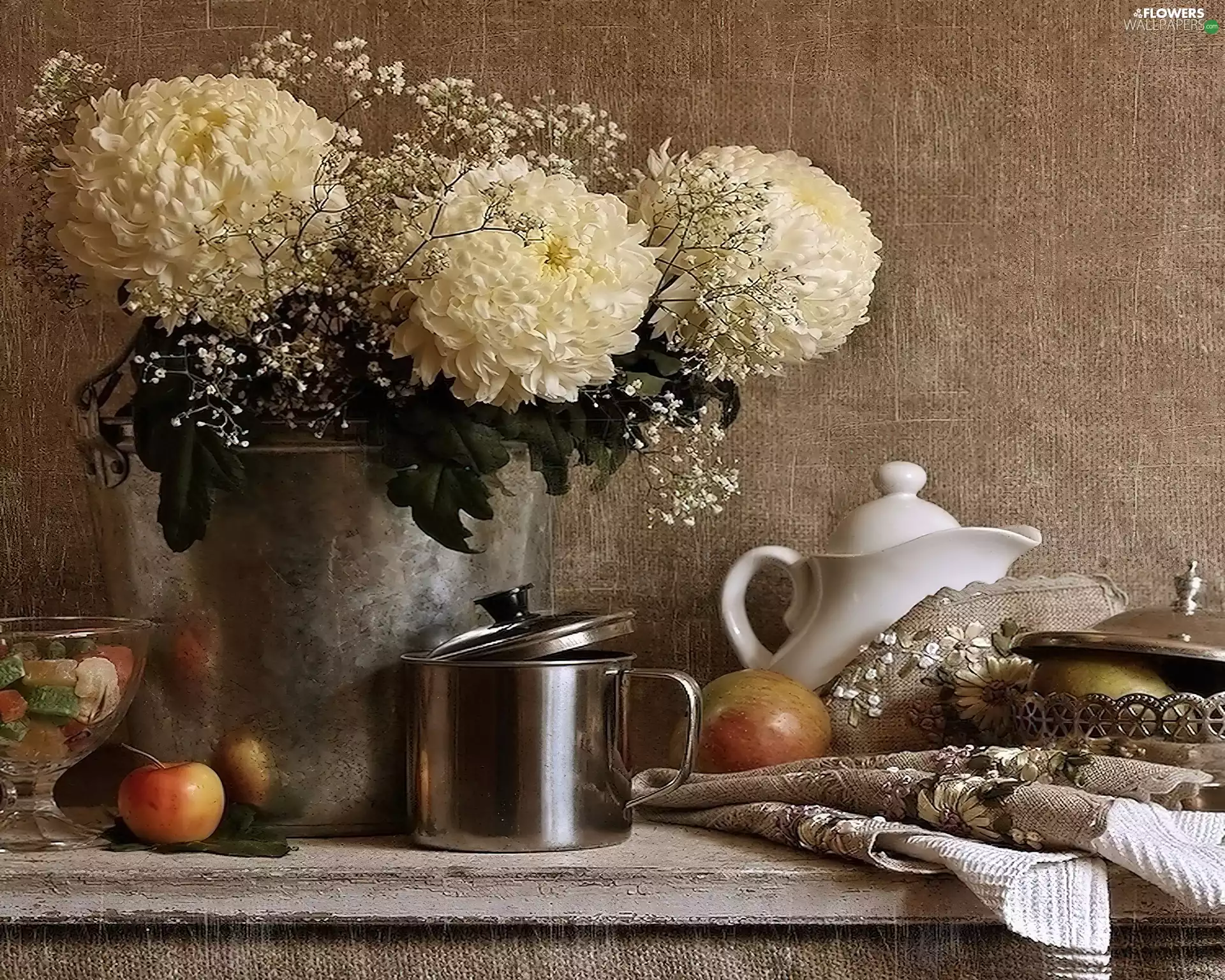 White, dishes, apples, Peonies