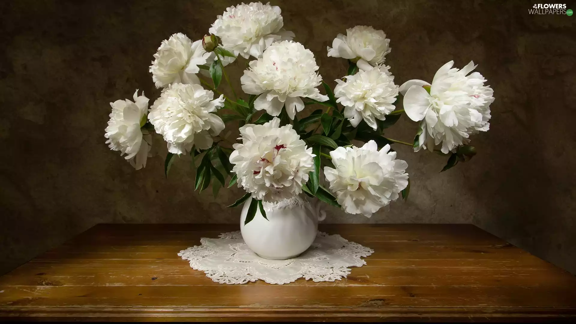 White, Vase, Table, Peonies