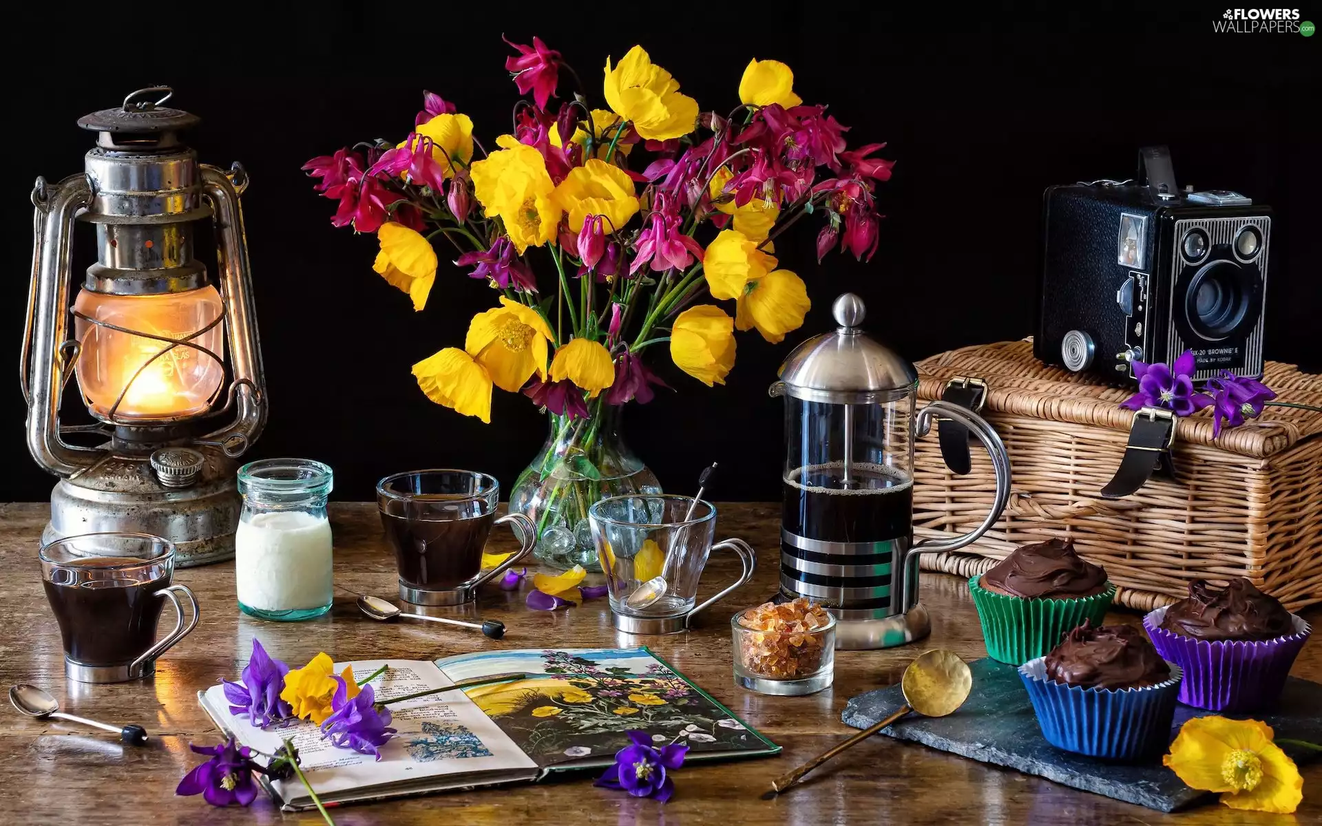 cups, Yellow, basket, bouquet, Camera, Muffins, Lamp, Coffee Percolator, Flowers, composition, papavers, Book, Columbines