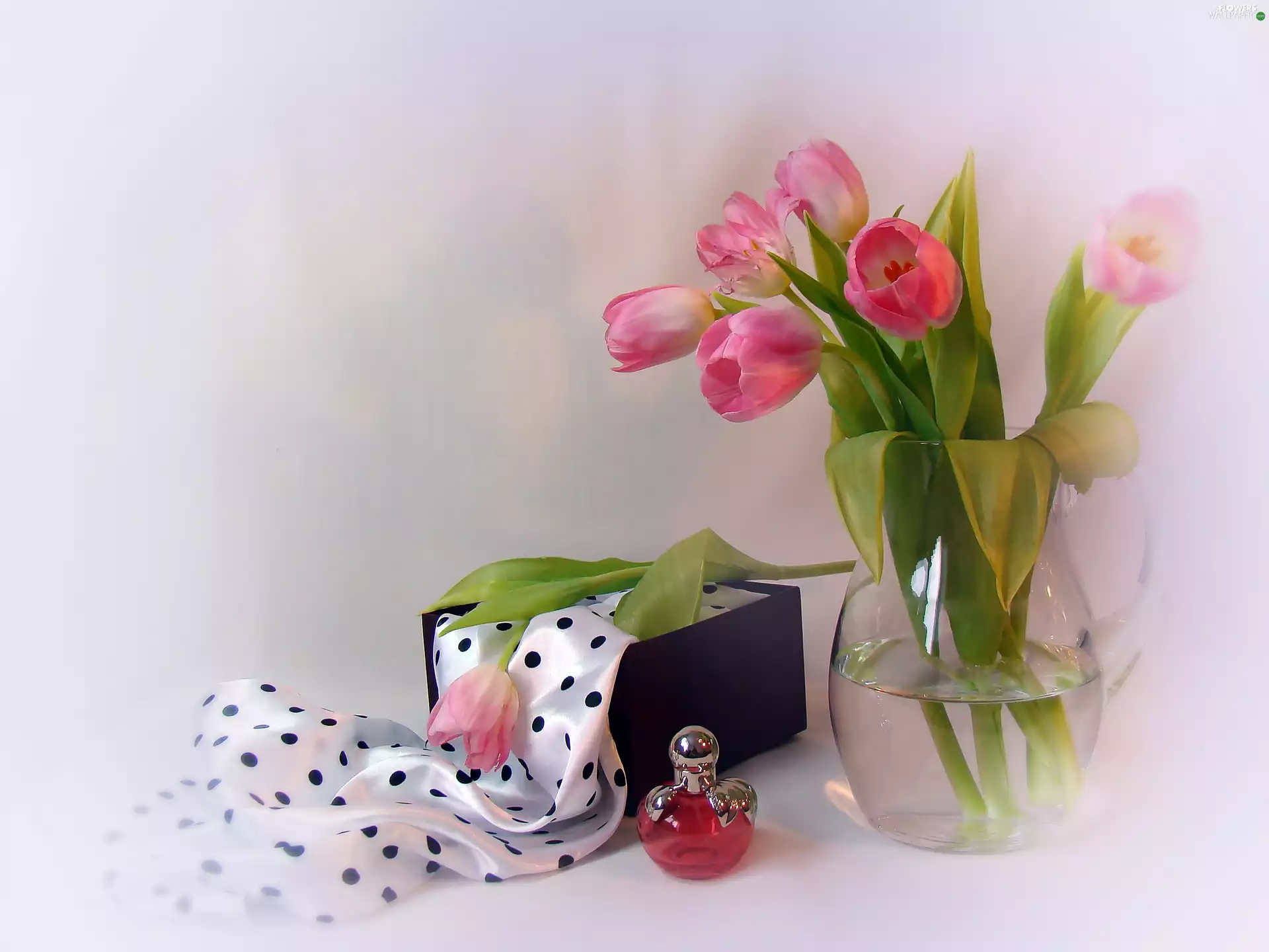 Tulips, bowl, perfume, apatite