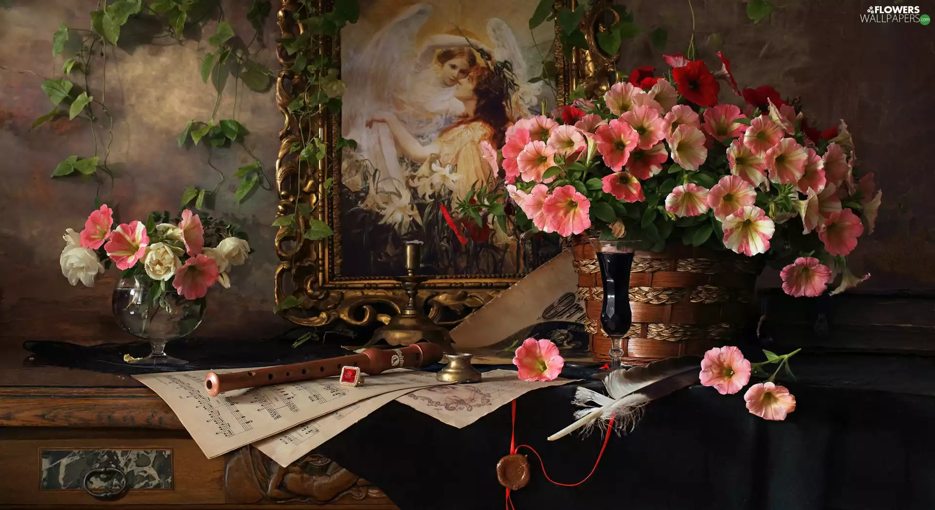 picture, bouquet, flute, petunias, Flowers, Tunes, composition