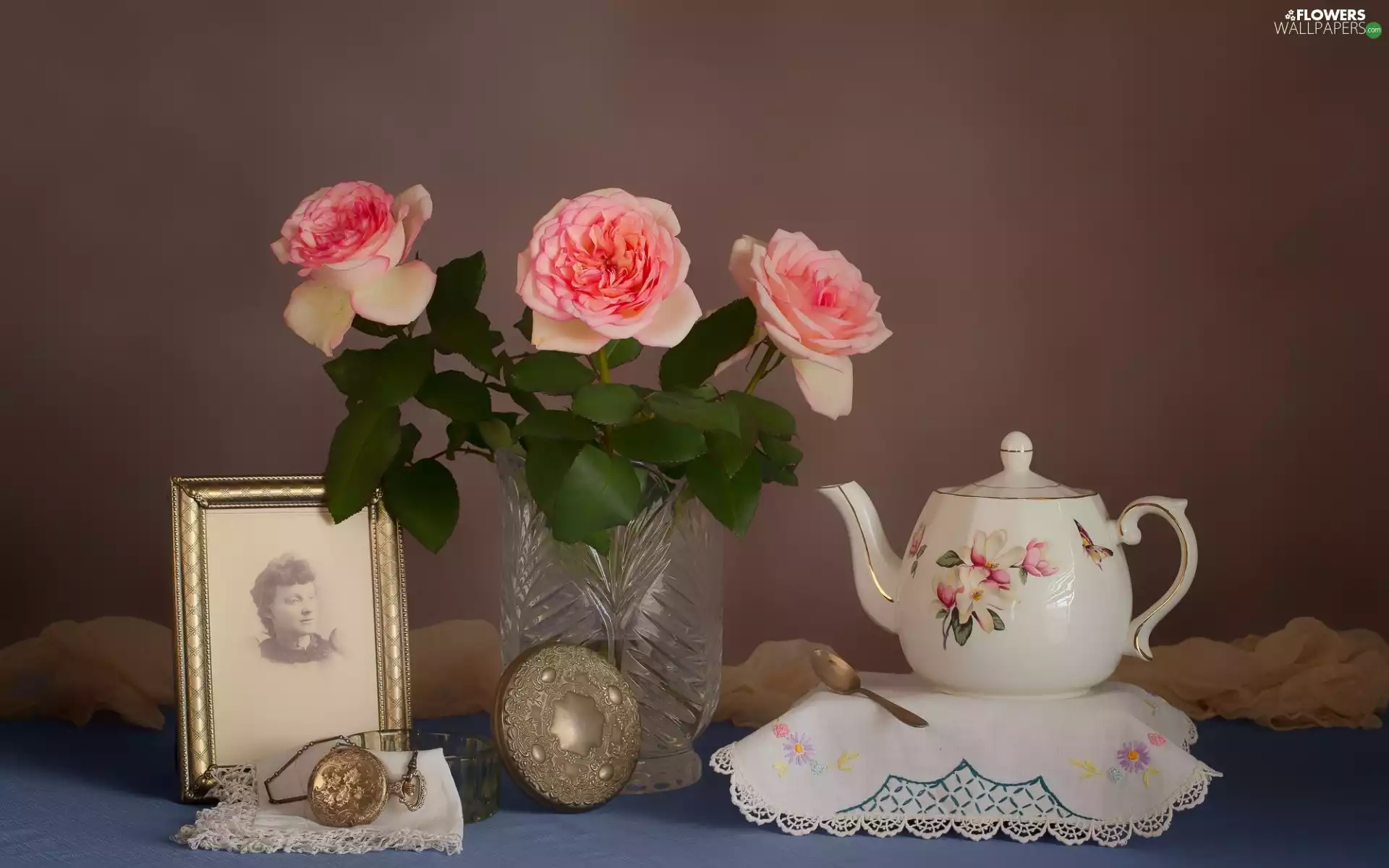Flowers, bouquet, Napkins, roses, teaspoon, kettle, composition, photography