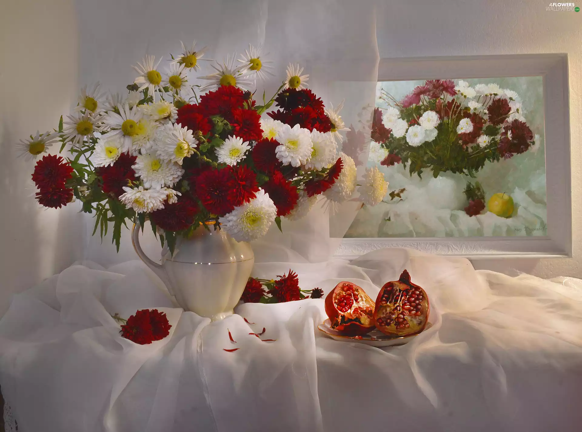 pitcher, Flowers, cloth, picture, navy blue, Chrysanthemums