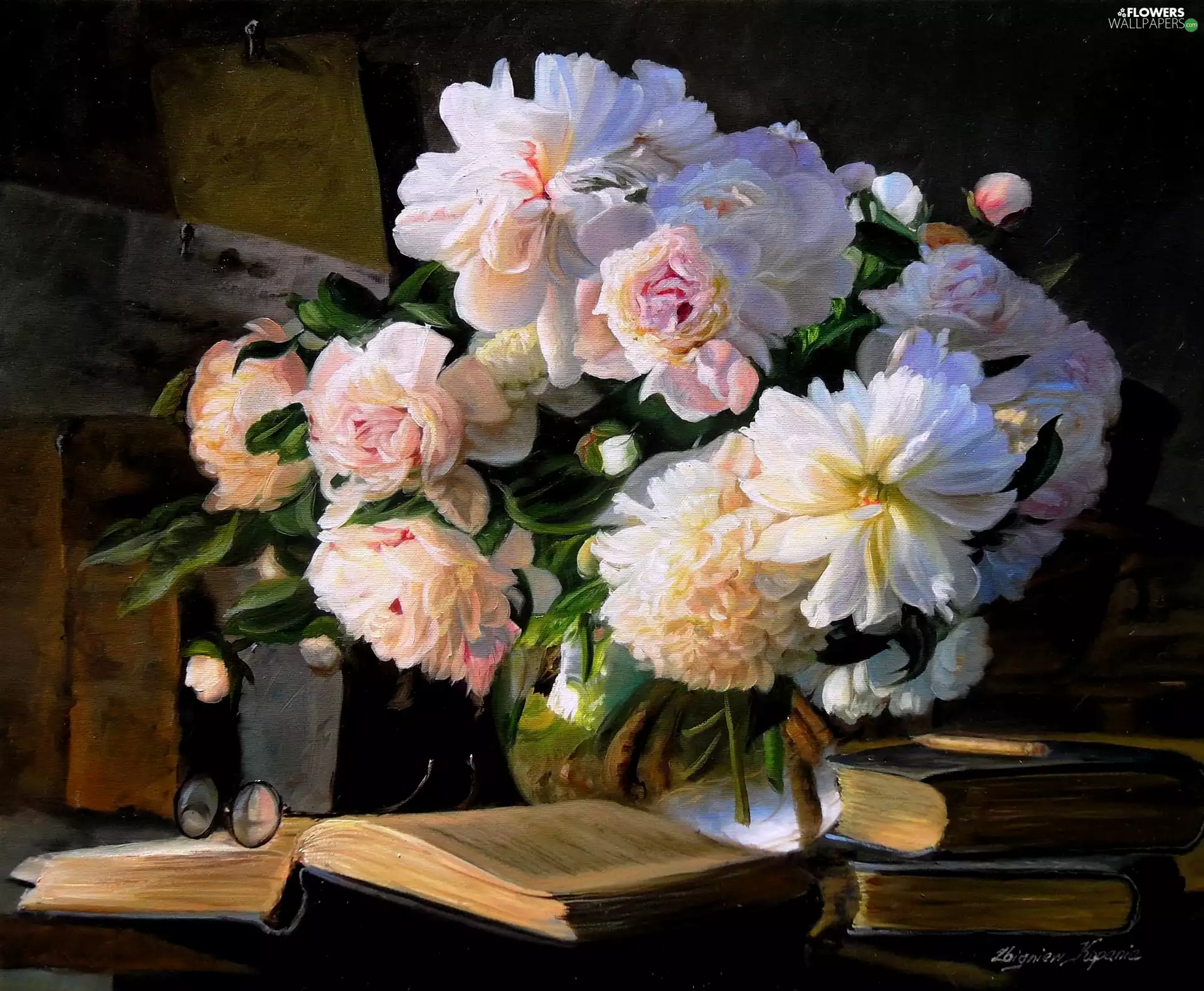 picture, painting, Zbigniew Kopania, Flowers, Books, Glasses, bouquet, Vase, Peonies