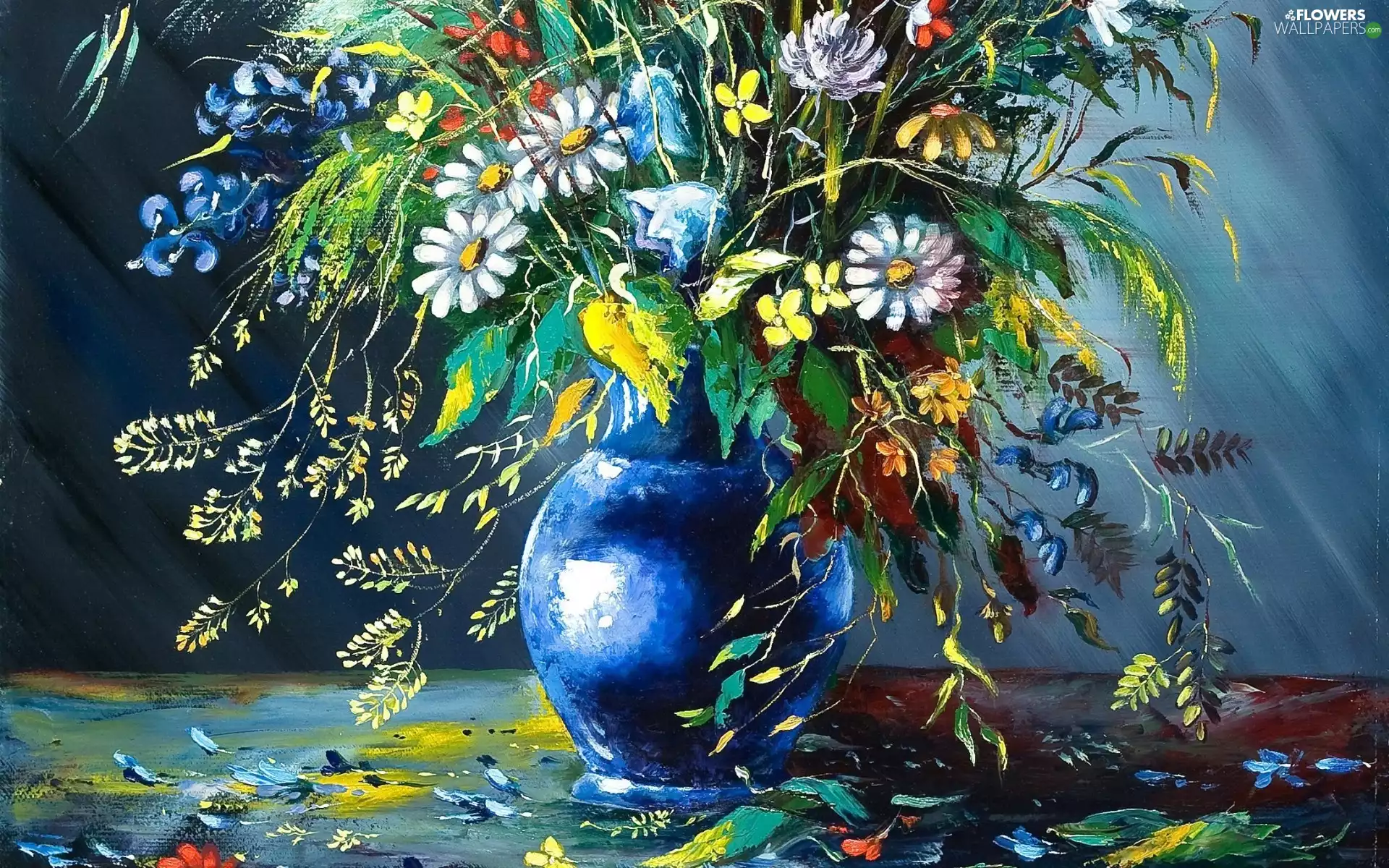 bowl, picture, wild, flowers, bouquet