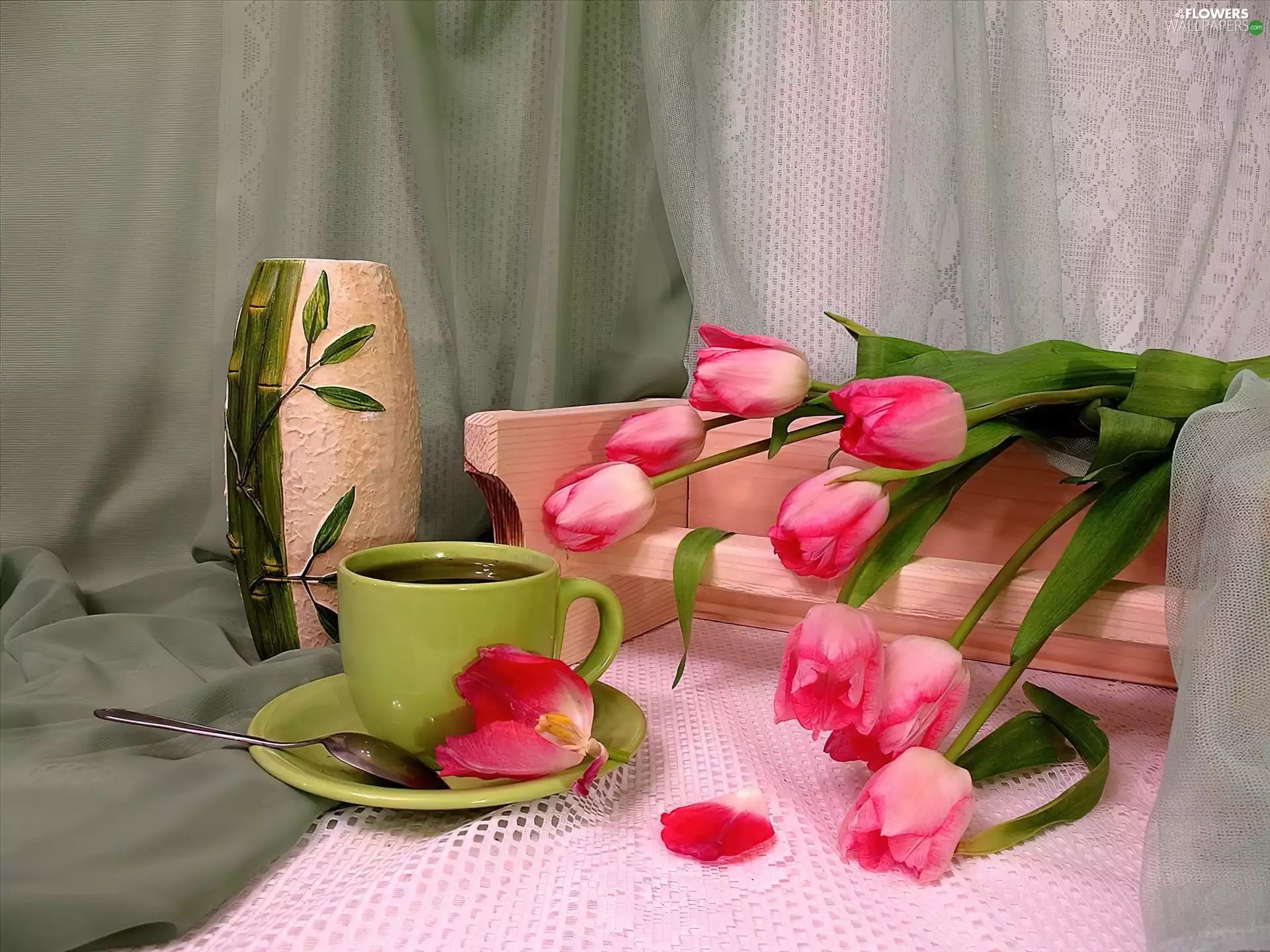 bouquet, tulips, cup, pink