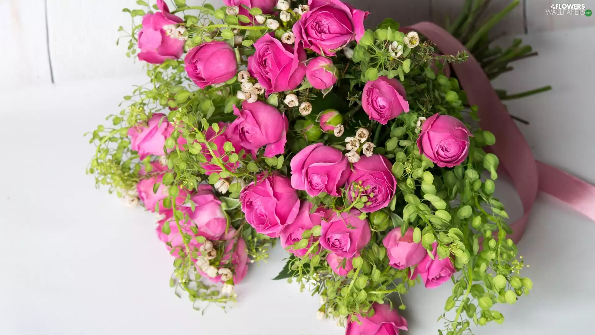 bouquet, roses, ribbon, Pink