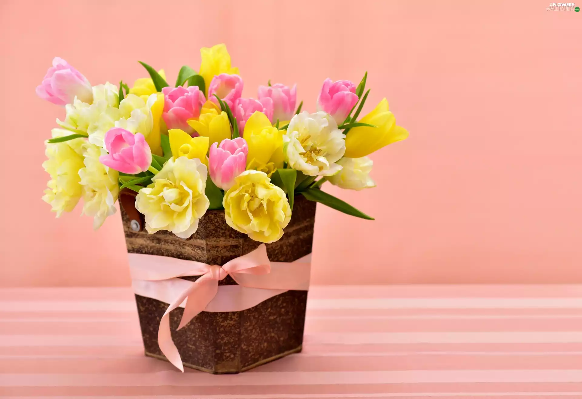 bouquet, Yellow, Tulips, Pink