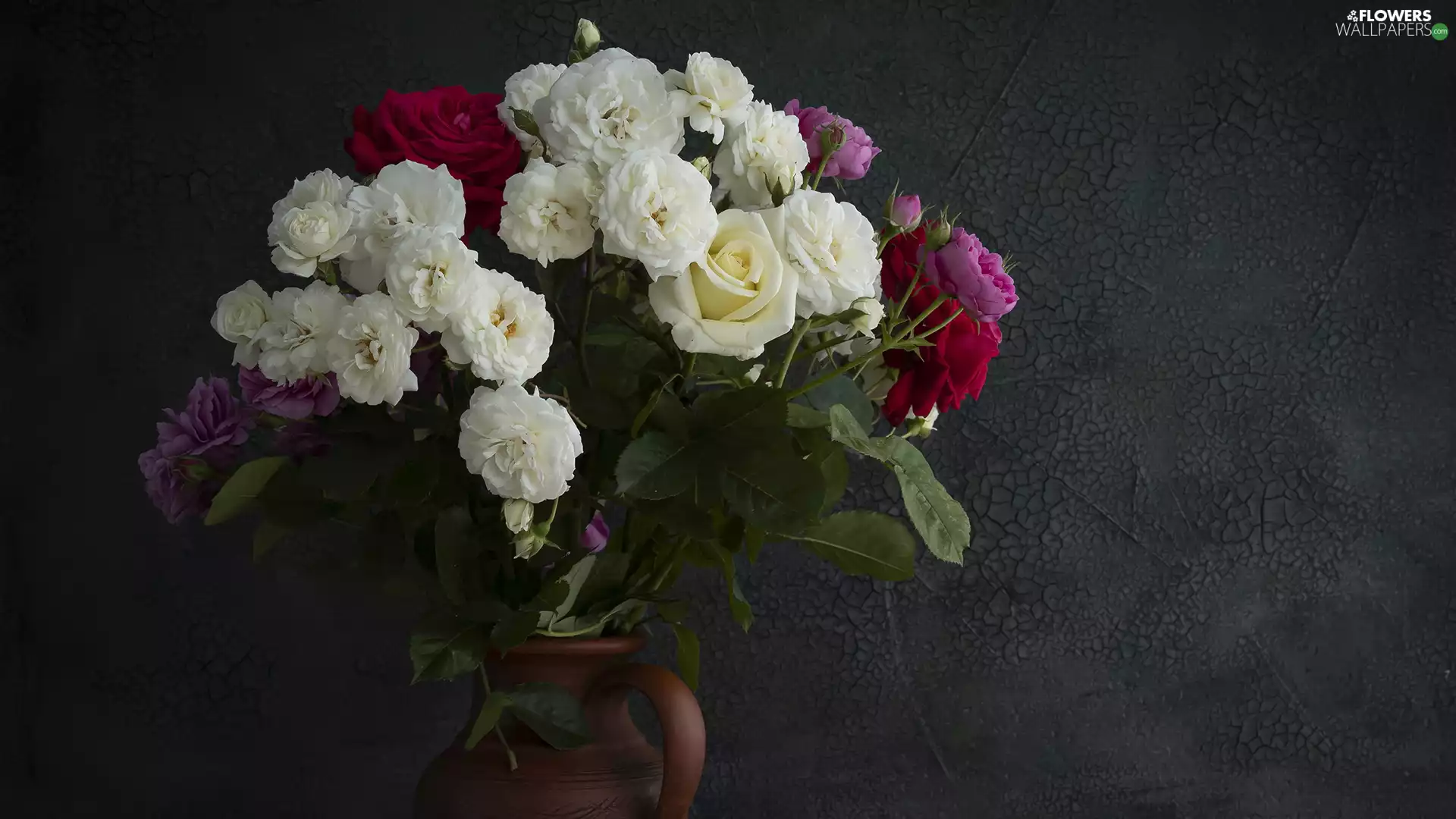 Red, White, bouquet, Pink, color, roses, jug