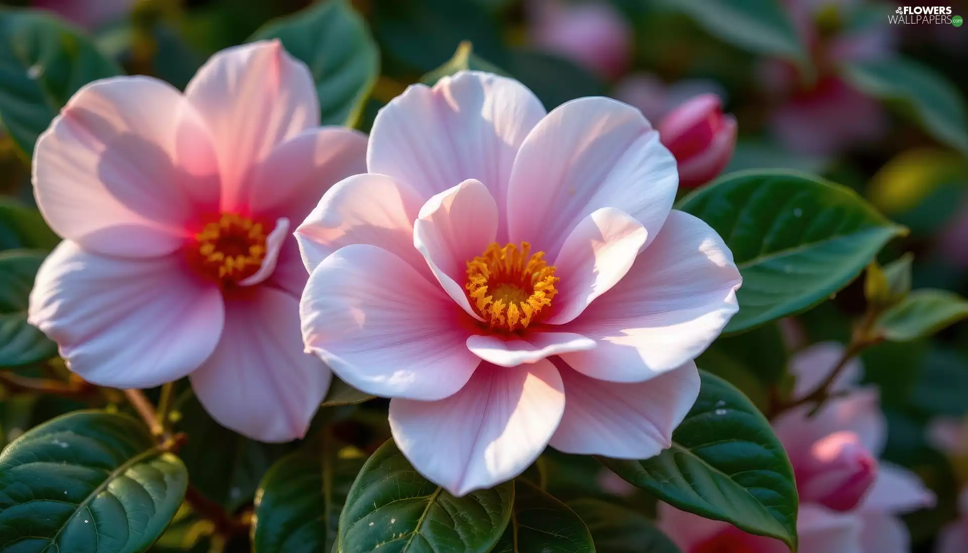 Camellias, Leaf, Flowers, Pink, Two cars