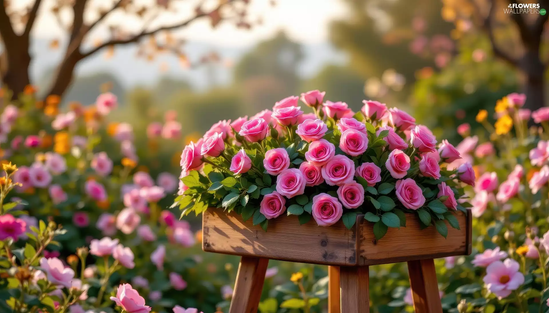 Flowers, roses, flowerbed, Pink