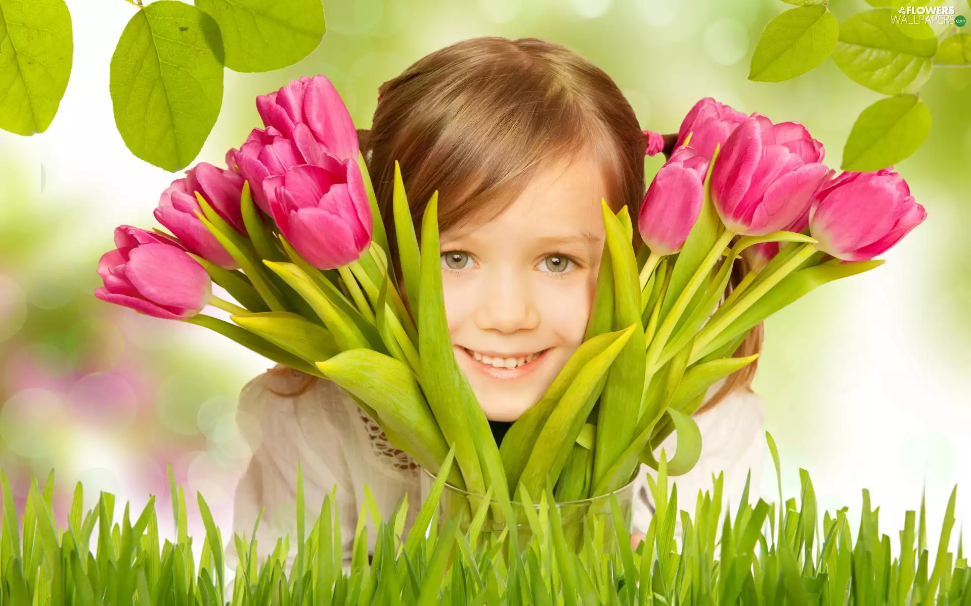 Tulips, Pink, Flowers, bouquet, girl