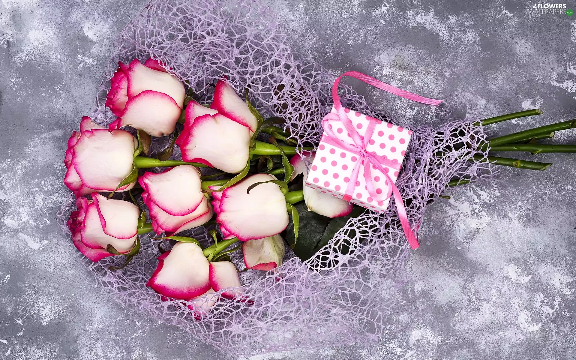 bouquet, roses, Grey, background, Present, white and pink