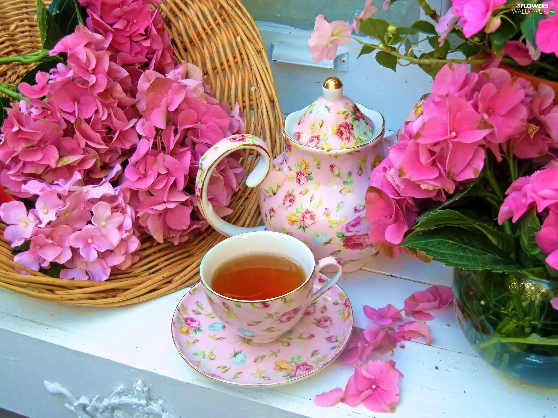 Pink, hydrangea, tea, jug, cup