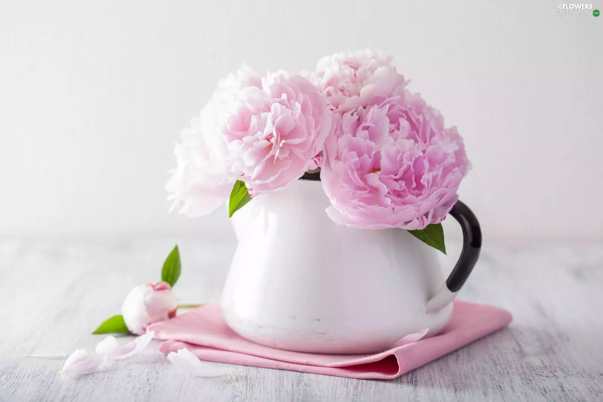 pale pink, jug, decoration, Peonies