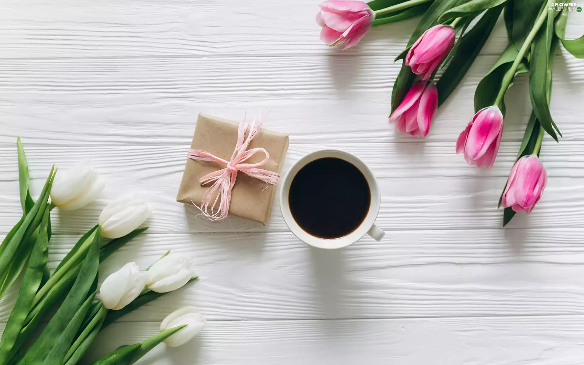 Tulips, White, Present, Pink, Flowers, coffee, boarding