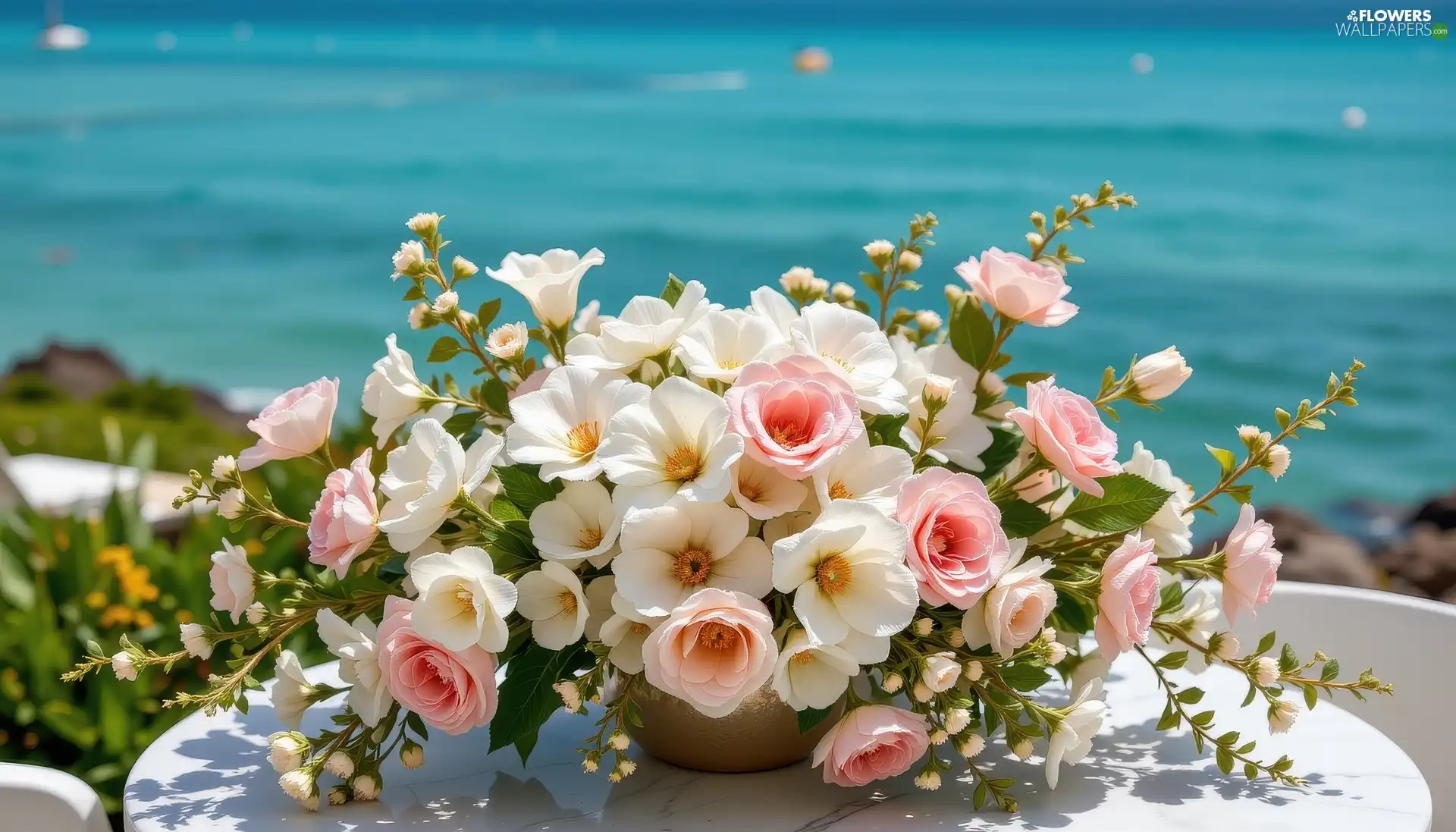 White, Flowers, table, Pink, bouquet, Vase, sea