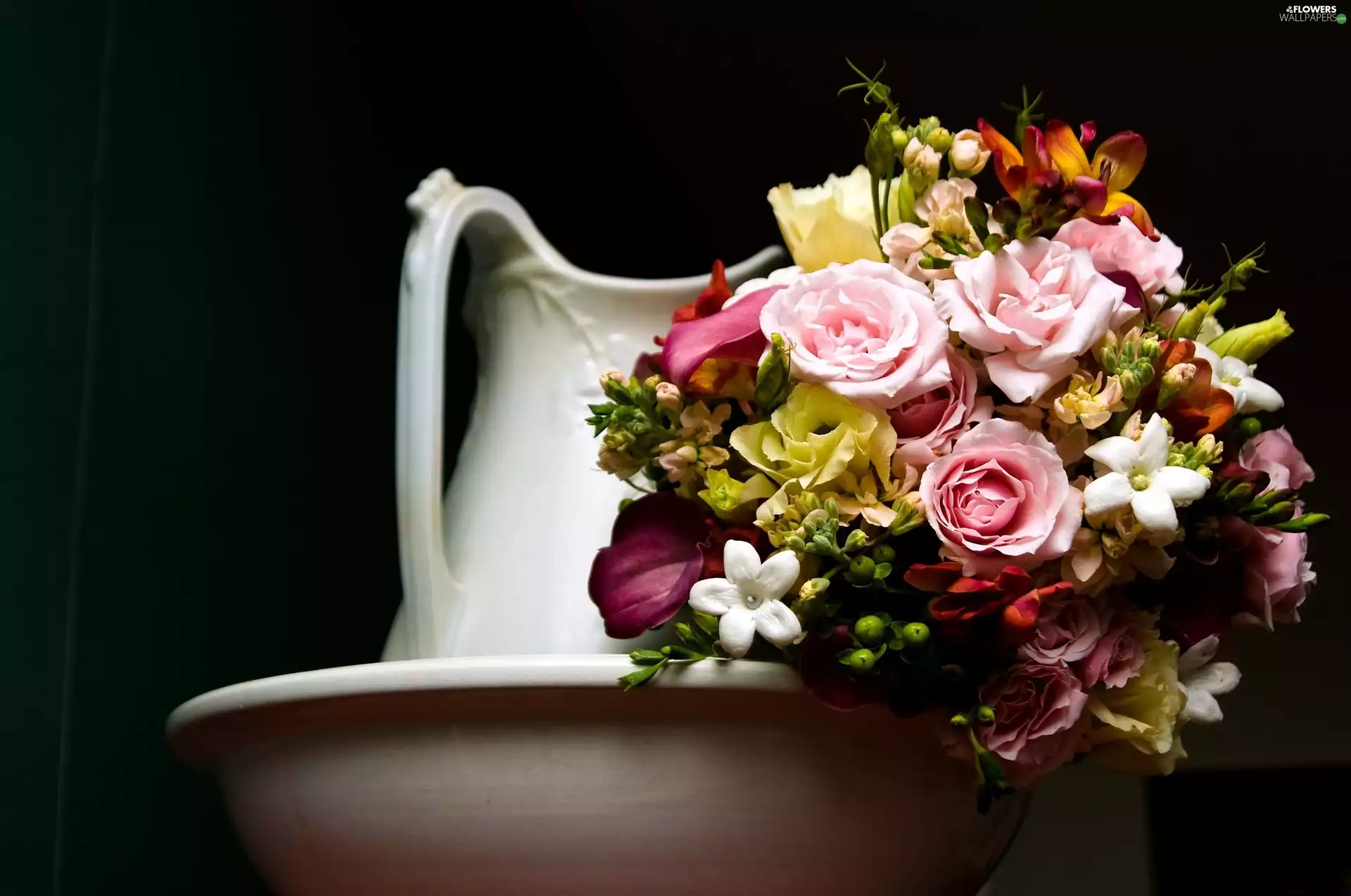 pitcher, bowl, flowers, White, bouquet