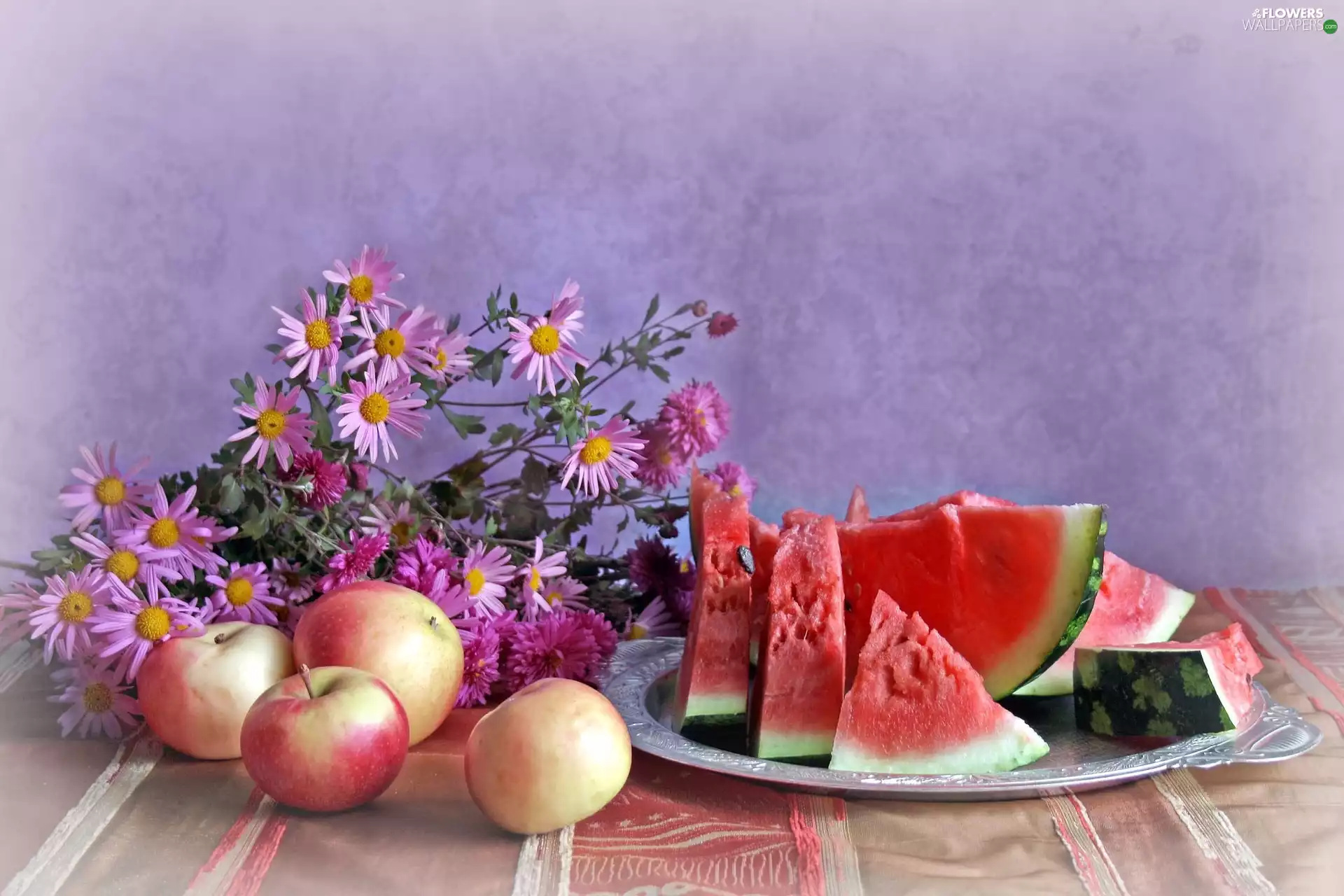 watermelon, plate, Aster, apples, Flowers