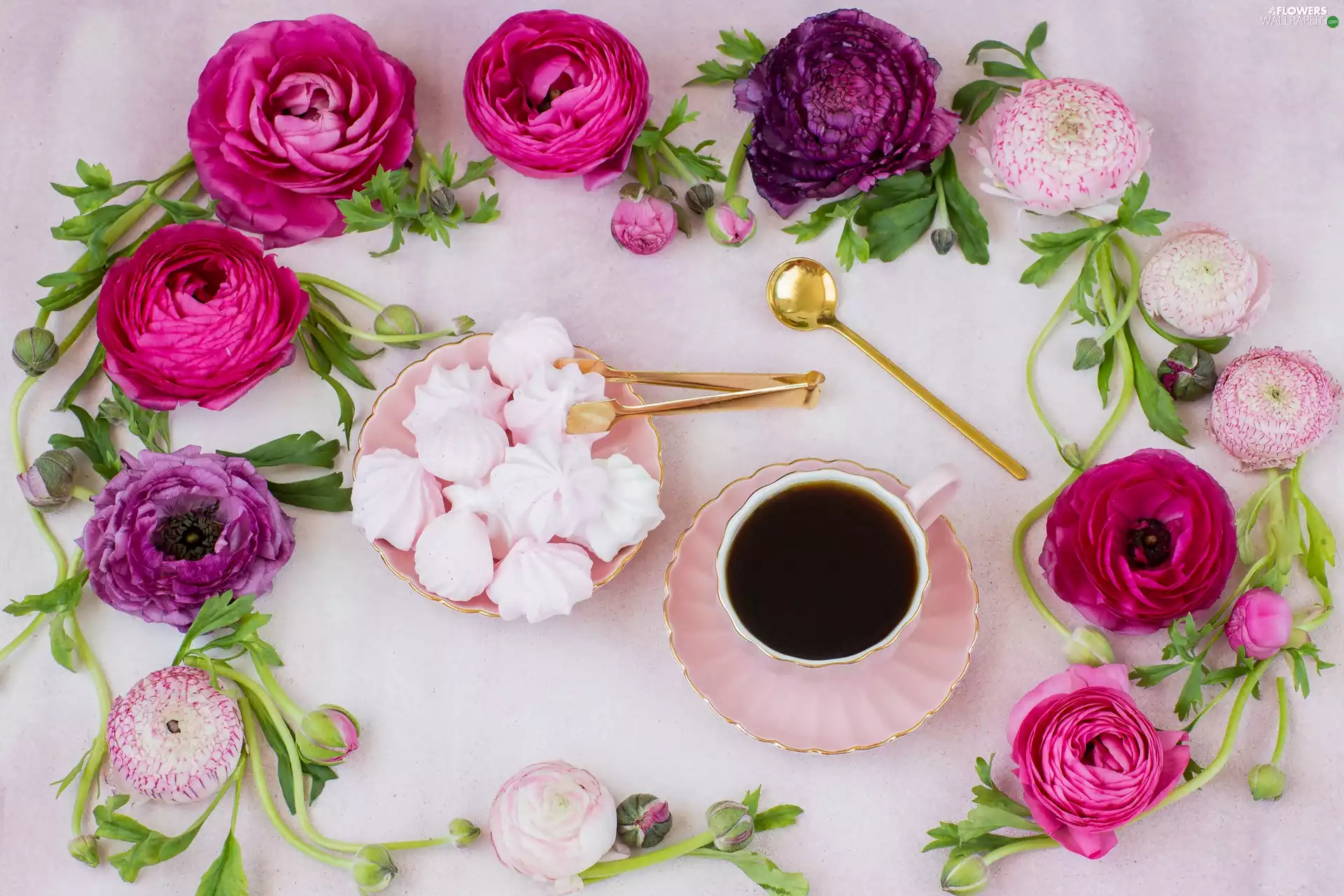 meringues, cup, Flowers, plate, tea, color, glaucoma