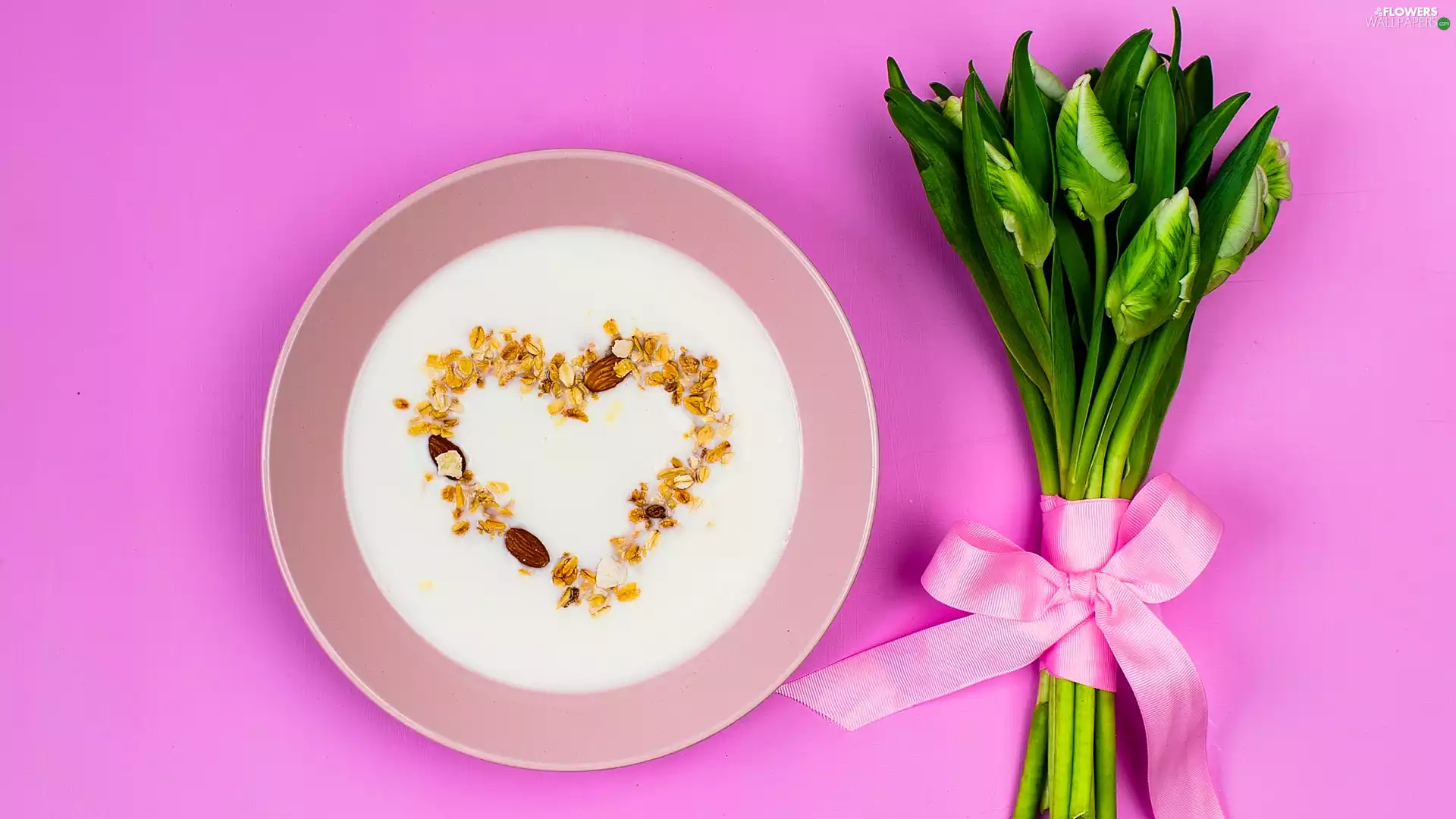 Tulips, Heart, Pink, plate, Muesli, bow, background