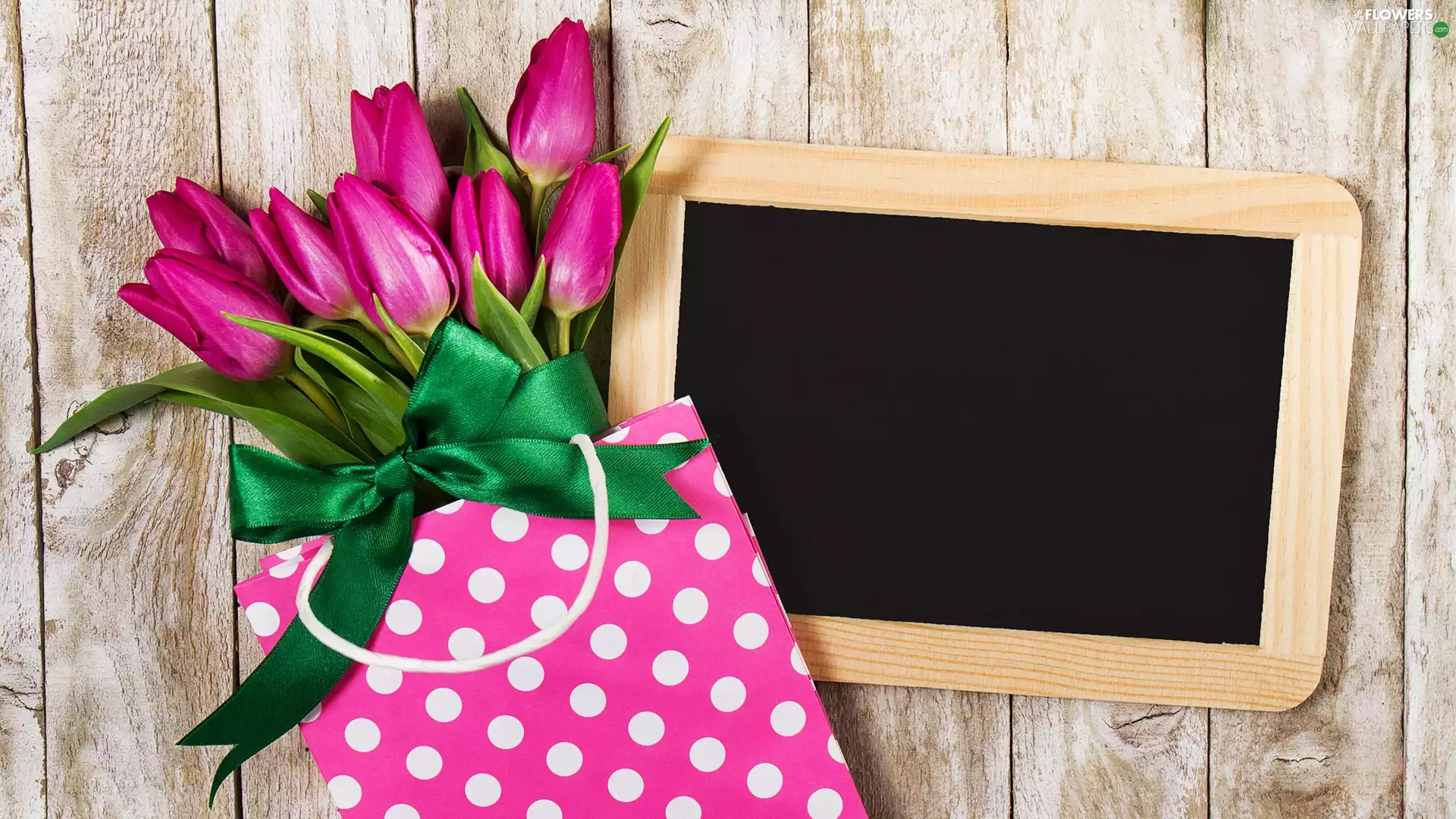 Purse, plate, Tulips, ribbon, Flowers