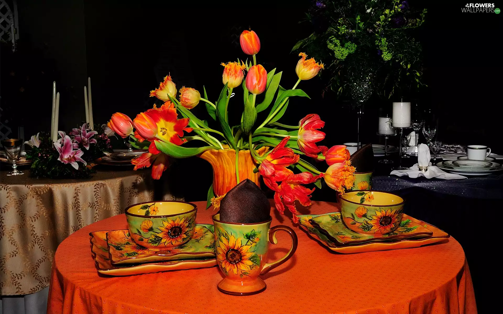 cups, Plates, Tulips, Vase, Table
