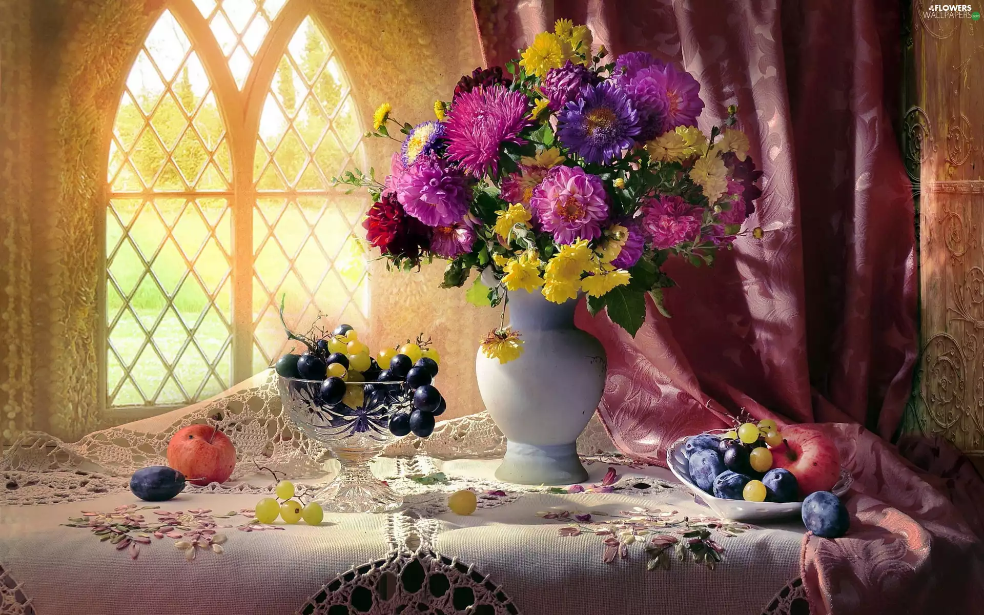 Chrysanthemums, Fruits, Window, Grapes, apples, Astra, bouquet, plums