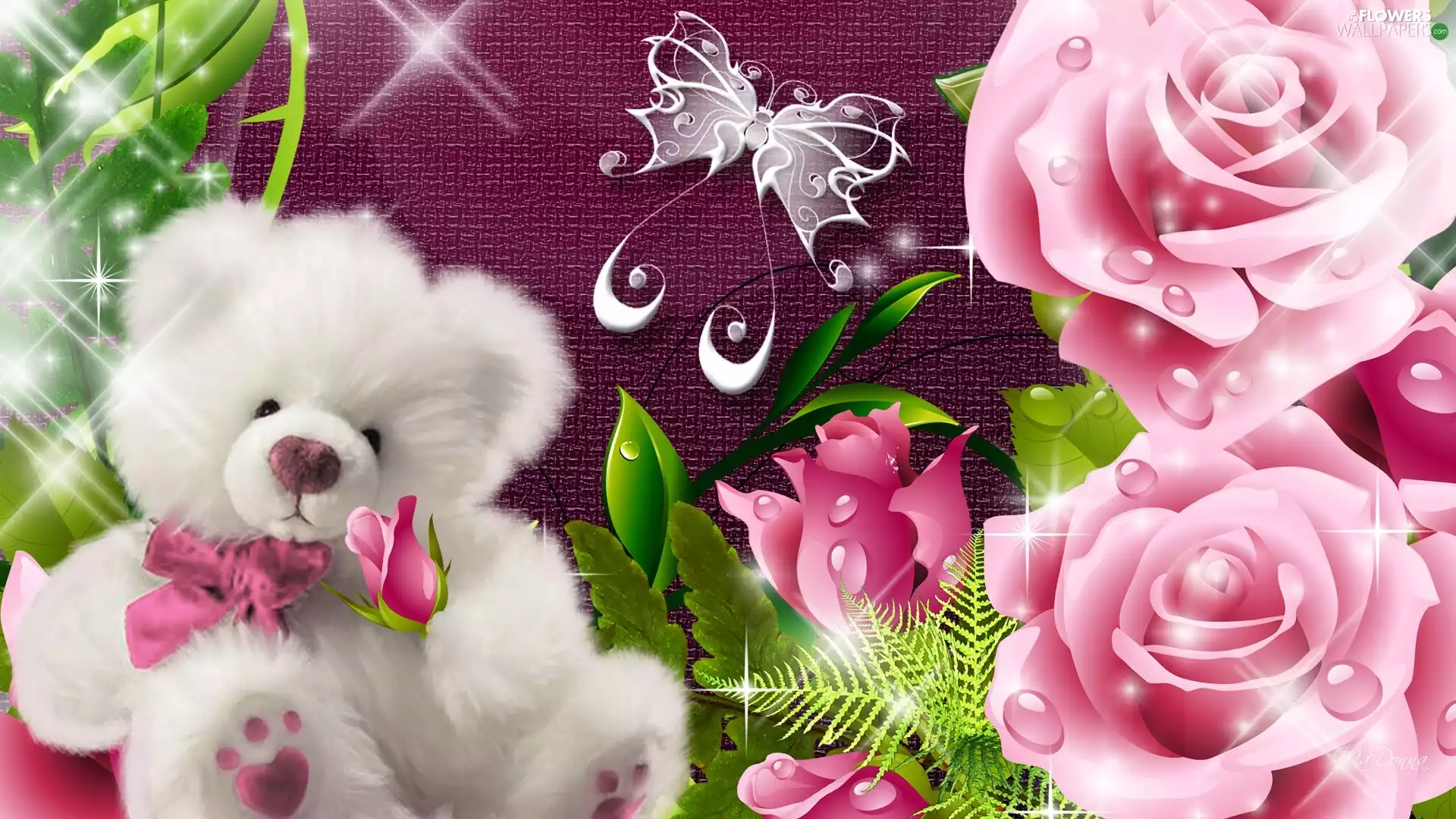 roses, Plush, teddy bear, butterfly