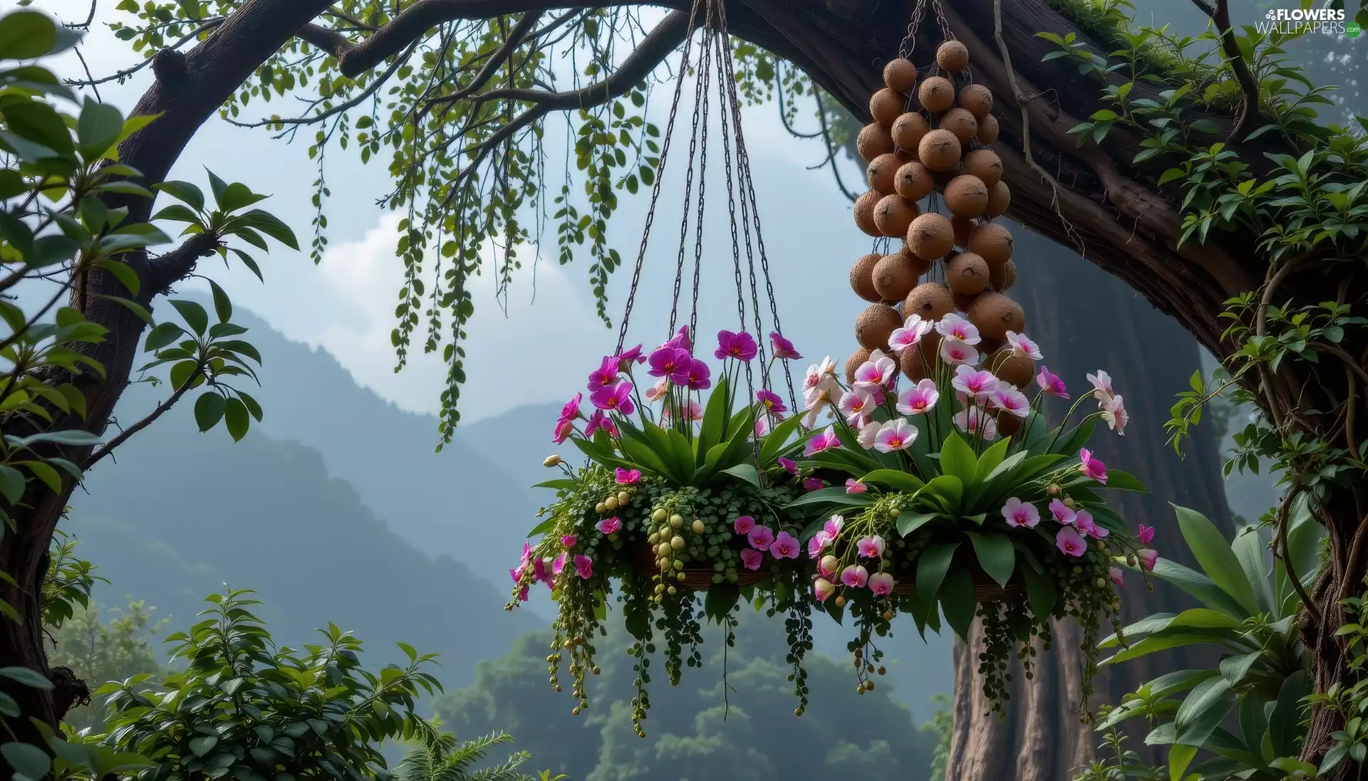 orchids, trees, Mountains, Pots