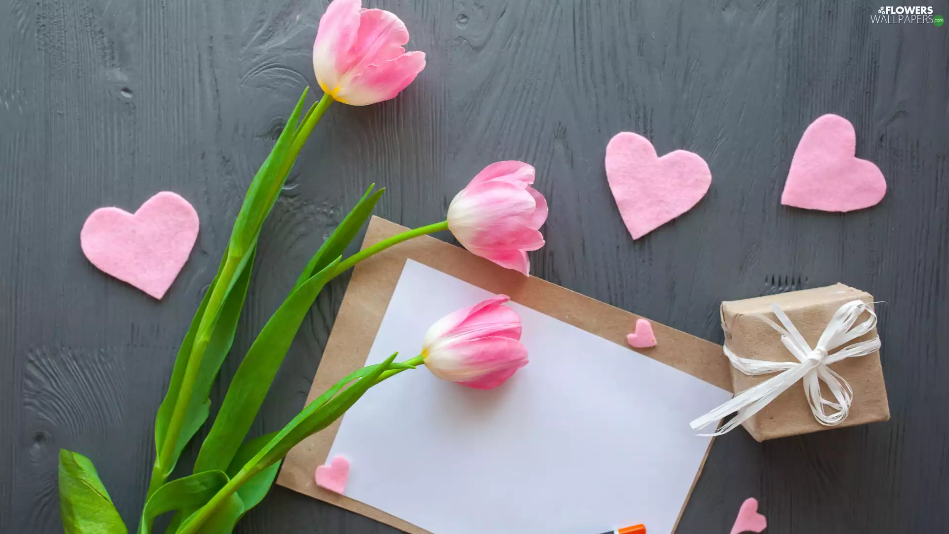 hearts, Flowers, card, Present, Pink, Tulips