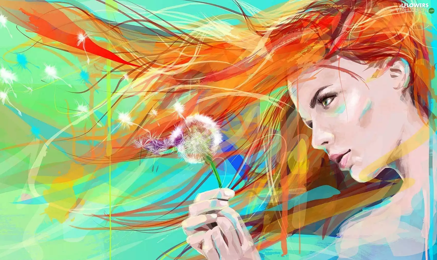 redhead, graphics, dandelion, puffball, girl, Art