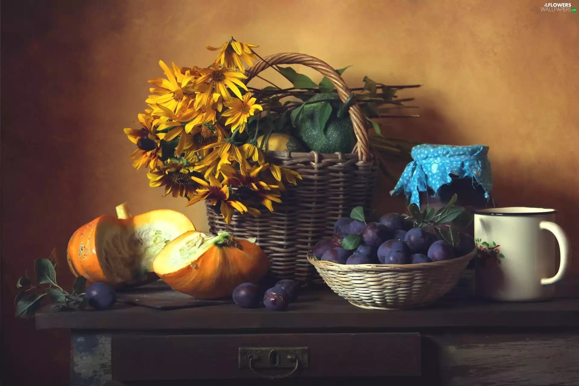 Plums, pumpkin, bouquet, sunflowers, Flowers