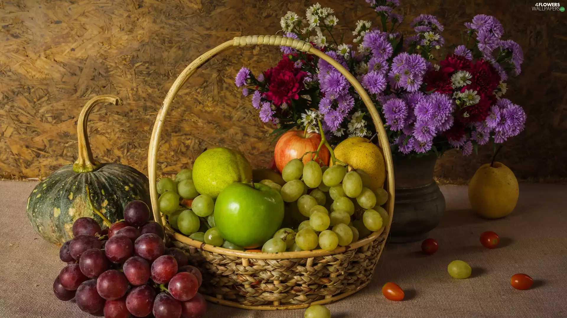 pumpkin, Grapes, Astra, apples, Flowers, basket, Fruits, truck concrete mixer