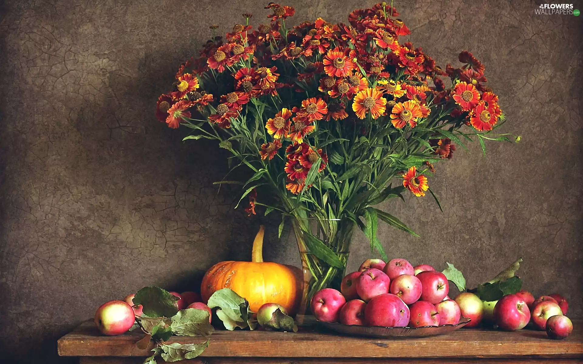 apples, pumpkin, Flowers, bouquet, composition