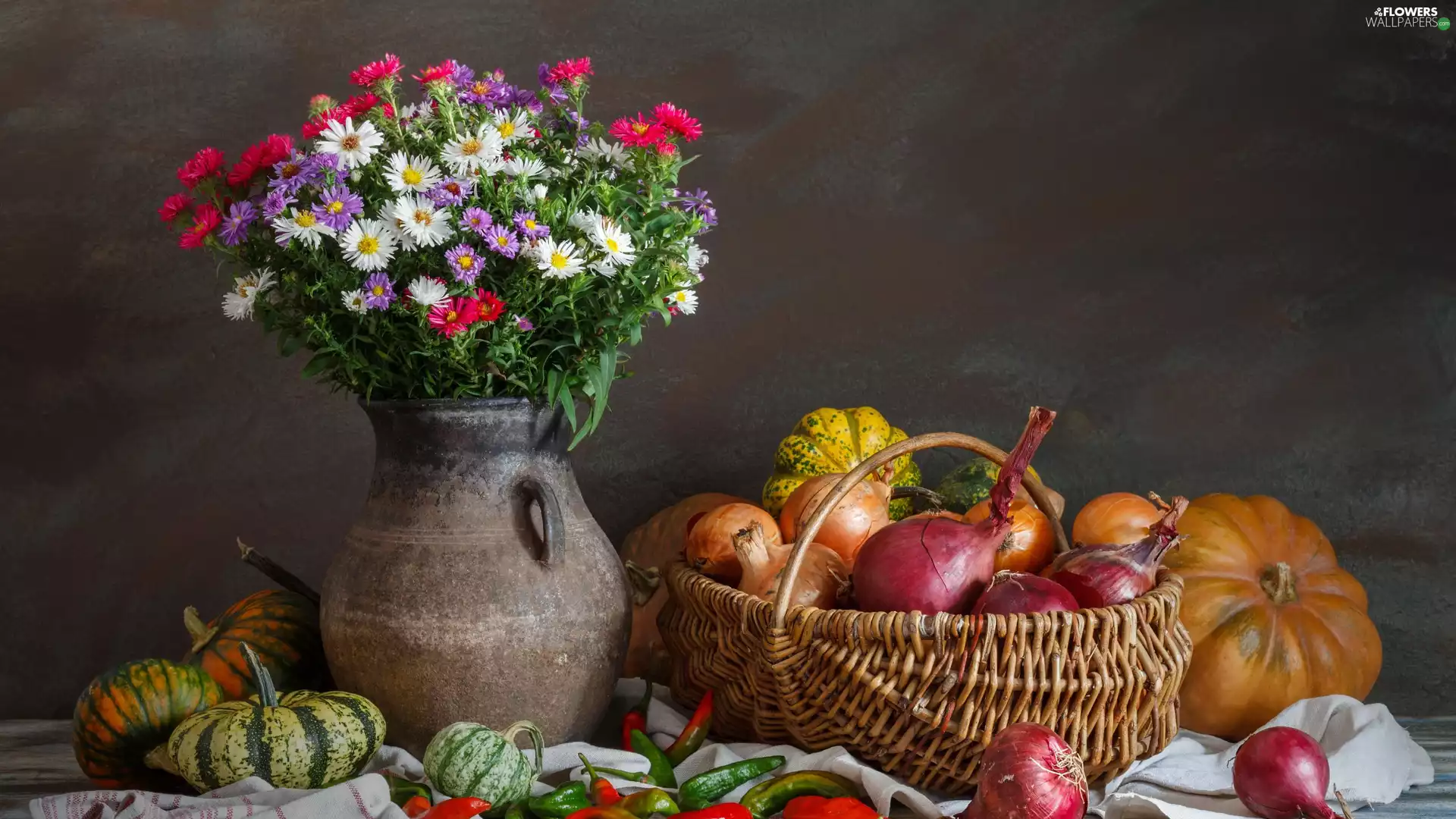 bouquet, Flowers, pepper, Astra, onion, Vase, composition, pumpkin